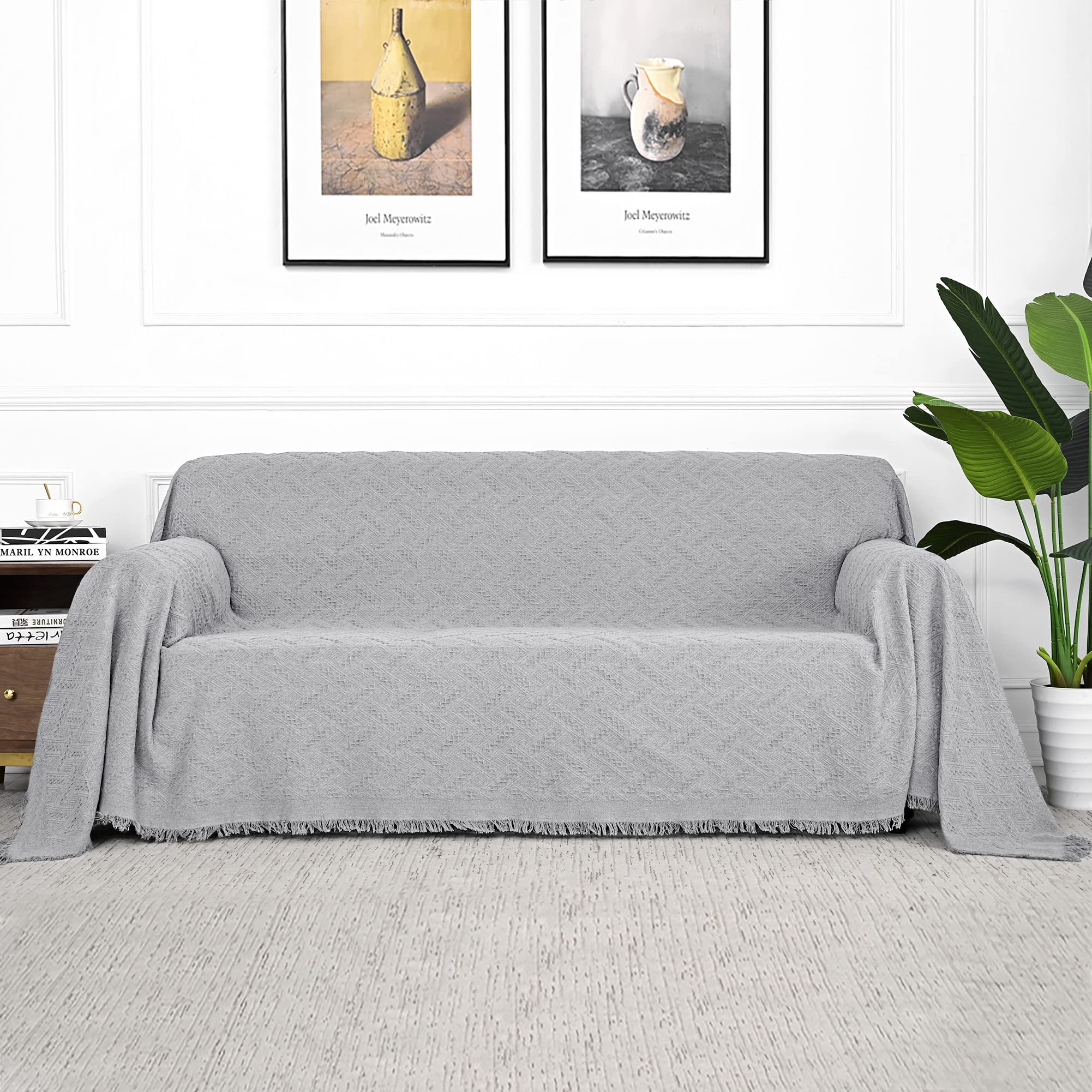 MYSKY HOME Light Grey Geometrical Sofa Covers, Sectional Couch Covers for 2 Cushion Couch Couch Cover Living Room Sofa Throws So