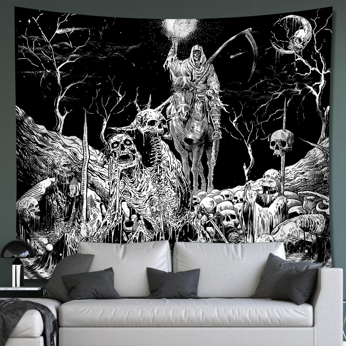 Apdidl Black and White Goth Skull Tapestry for Bedroom, Gothic Skeleton Halloween Wall Tapestries Aesthetic, Horror Ghost Rider 