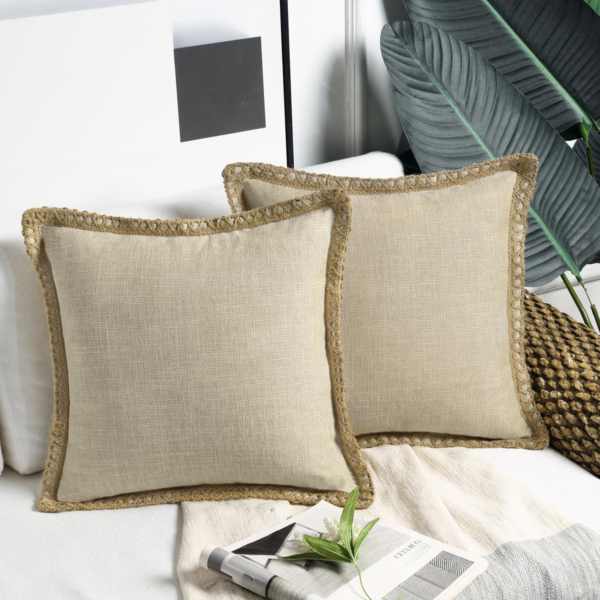Phantoscope Pack Of 2 Farmhouse Decorative Solid Throw Decorative Pillow Cover Burlap Linen Trimmed Tailored Edges, Oatmeal 24 X 24 Inches 60 X 60 Cm