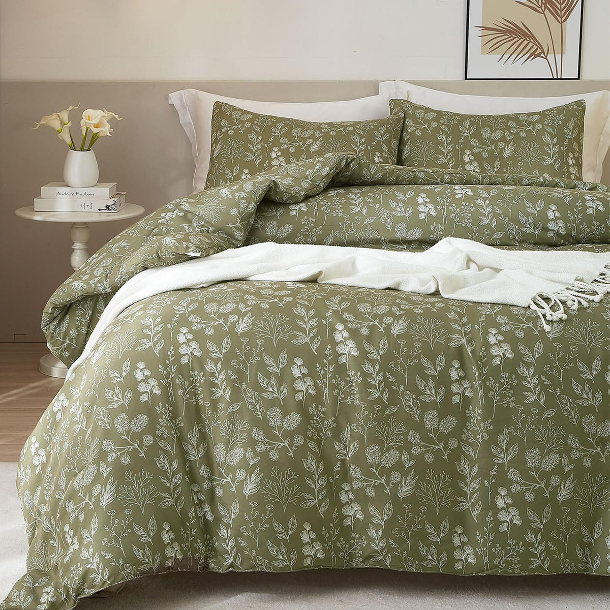 Highbuy Garden Floral Duvet Cover Twin Xl Olive Green Botanical Cottagecore Bedding Comforter Cover For Twin Xl Bed 3 Piece Cute