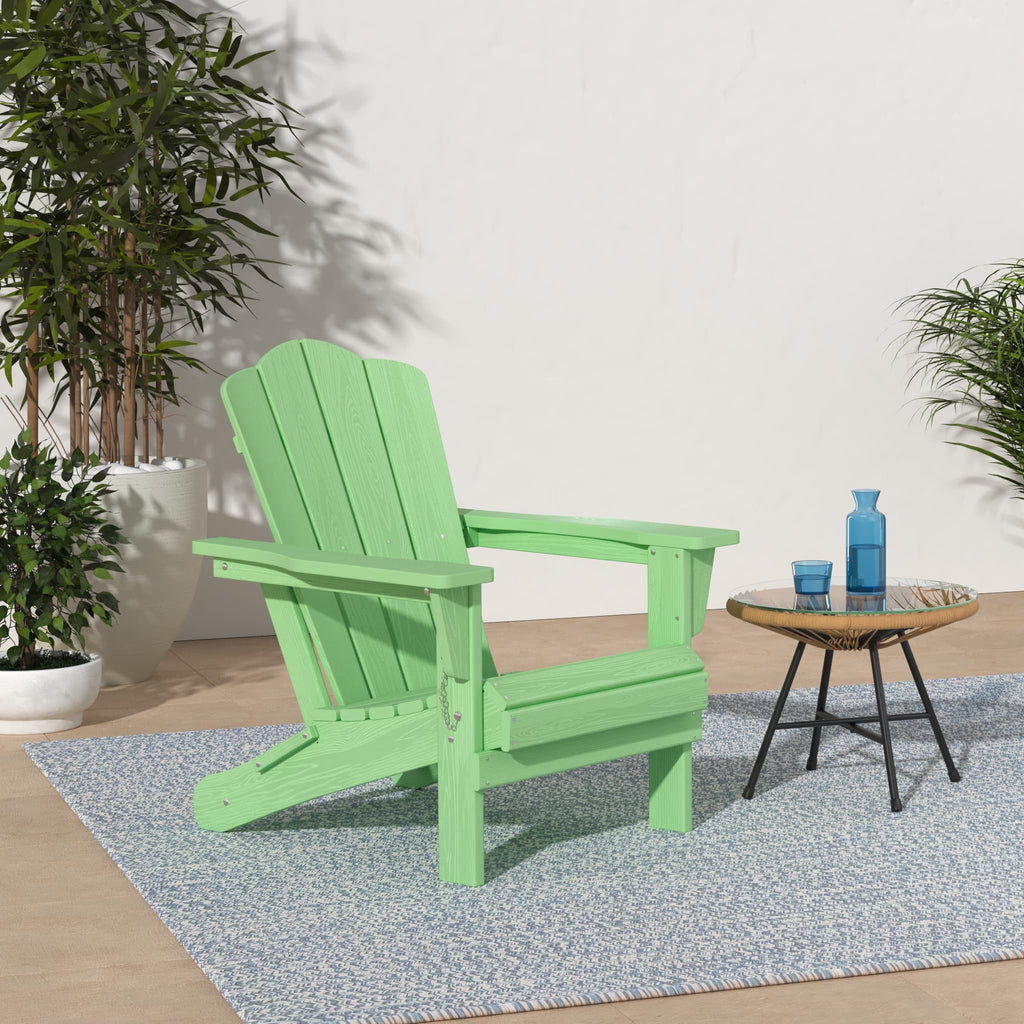 Kingyes Folding Adirondack Chair, Hdpe All-Weather Patio Chairs, Wooden Textured Lawn Chair For Poolside, Backyard, Deck, Fire Pit, Light Green