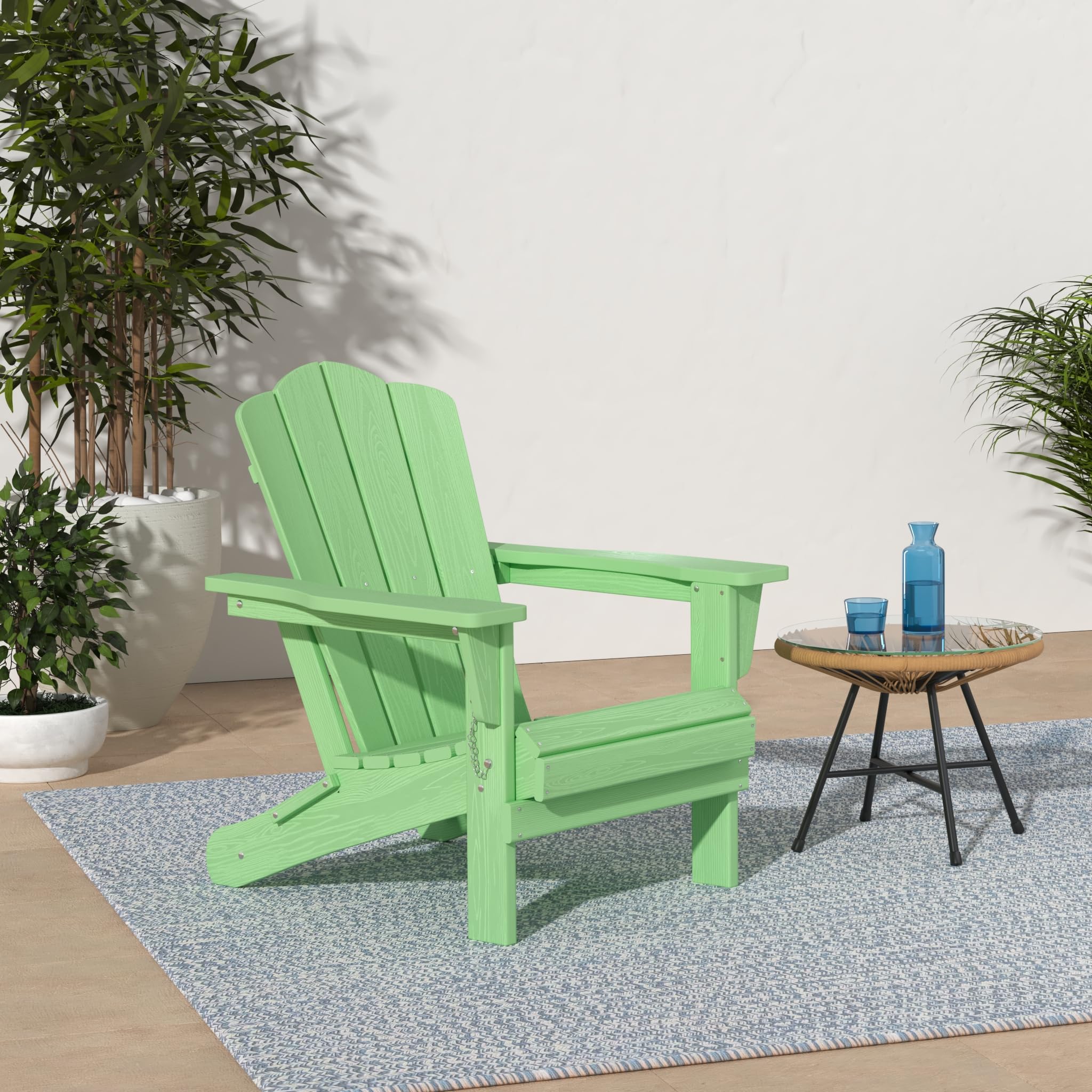 Kingyes Folding Adirondack Chair, Hdpe All-Weather Patio Chairs, Wooden Textured Lawn Chair For Poolside, Backyard, Deck, Fire Pit, Light Green
