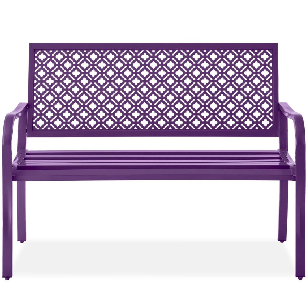 Best Choice Products Outdoor Bench 2-Person Metal Steel Benches Furniture For Garden, Patio, Porch, Entryway W/Geometric Backrest, 790Lb Capacity - Dark Purple