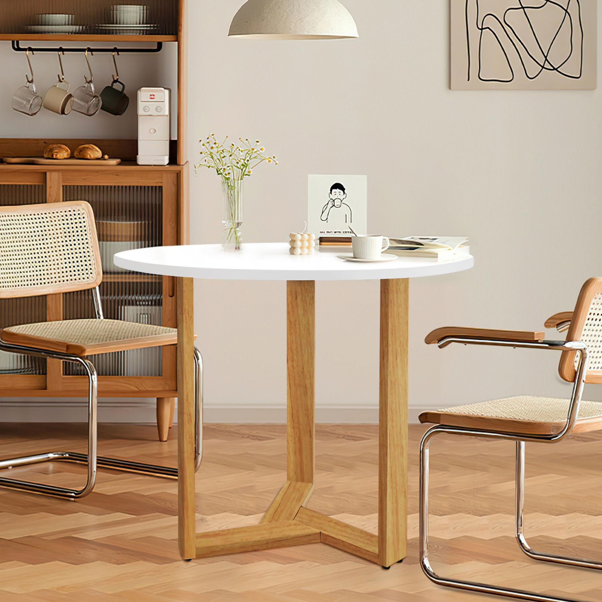 Kithkasa 31.5' Mid Century Modern Round White Dining Table For 2-4, With Wood Legs & Mdf Tabletop For Small Space Dining Room N