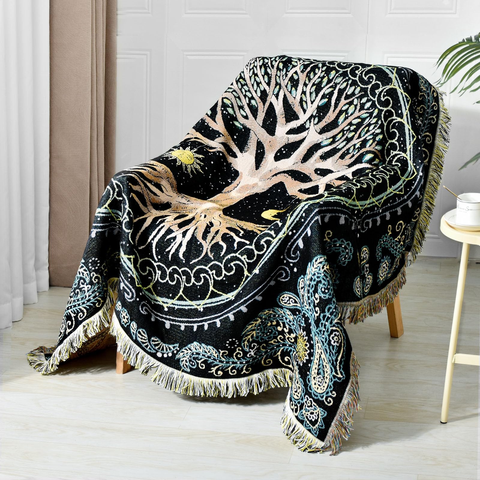 Shesyuki Boho Throw Blanket Reversible Cotton Bohemian Tapestry Hippie Room Decor Outdoor Blanket Double Sided (Boho Tree 50'X6