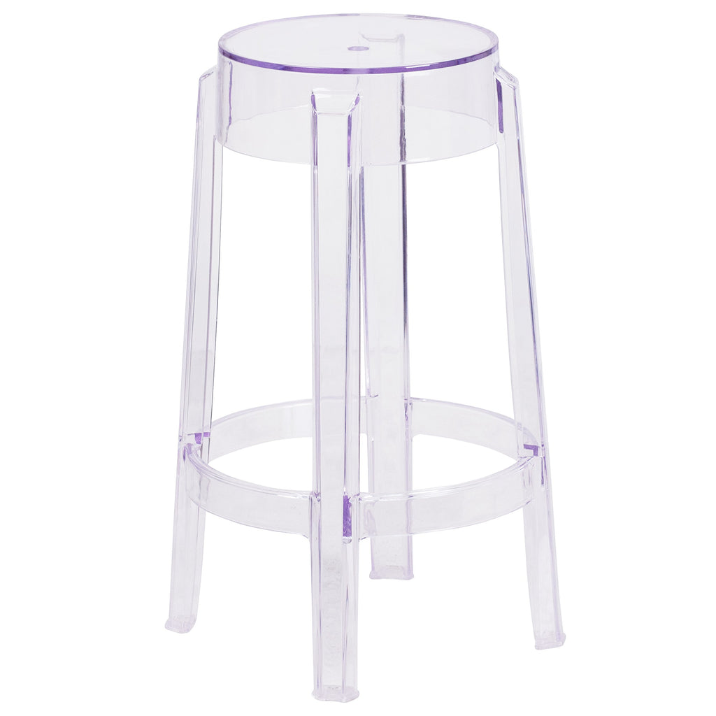 Flash Furniture Laney 25.75" Indoor/Outdoor Counter Height Transparent Dining Stool with Foot Ring, Stackable Ghost Counter Height Stool, Transparent