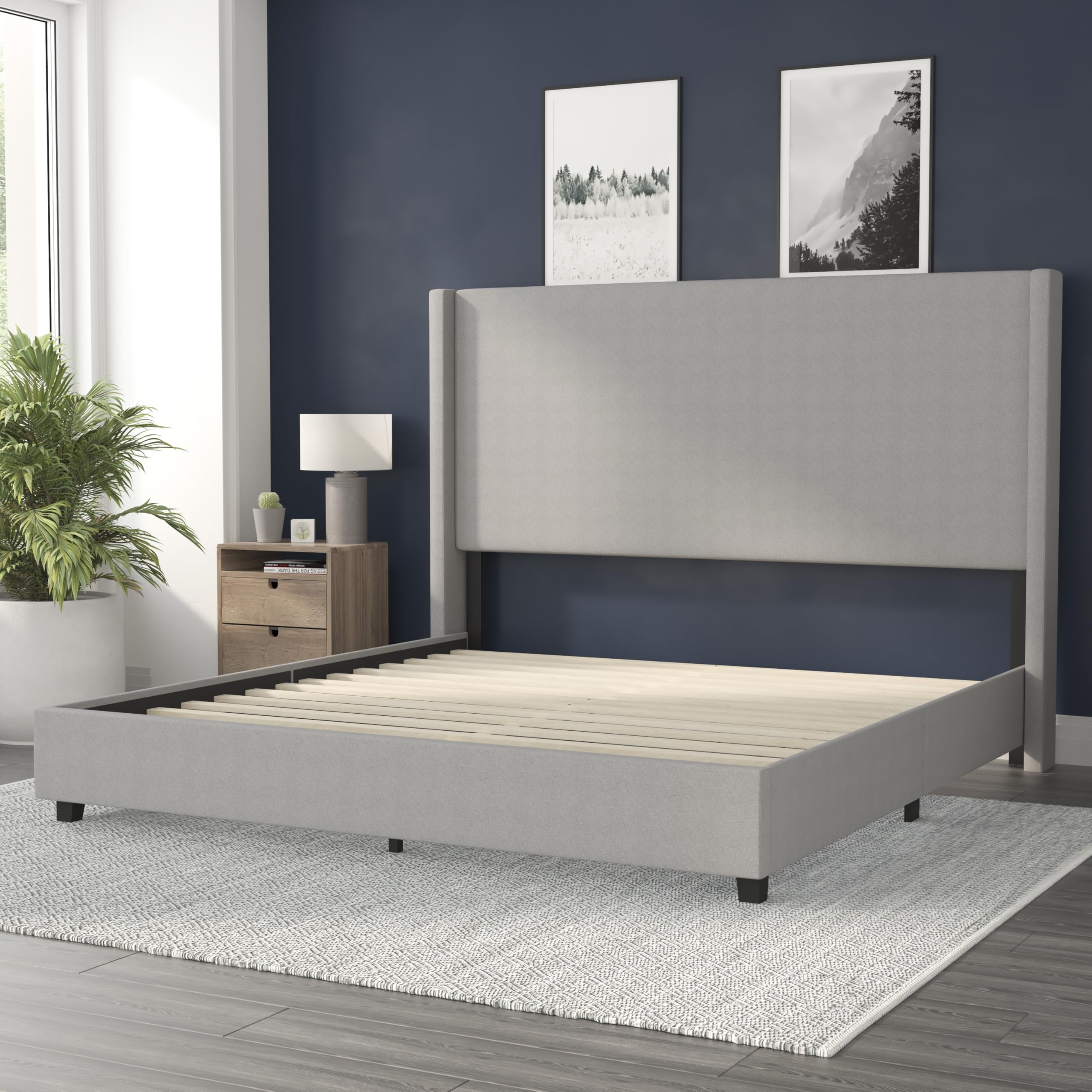 Flash Furniture Quinn Upholstered Platform Bed - Gray Channel Stitched Wingback Headboard - King - Mattress Foundation with Slatted Supports - No Box Spring Needed