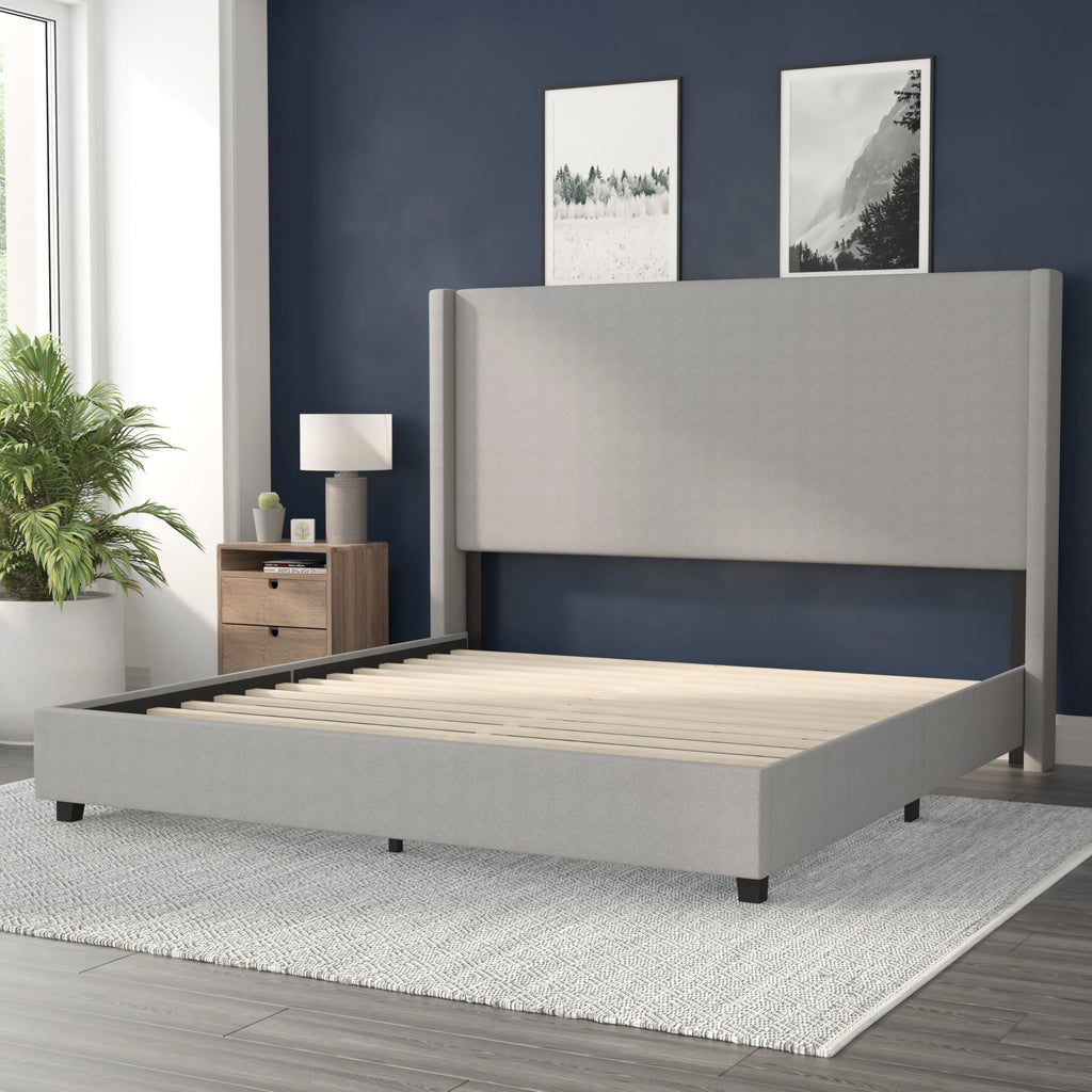 Flash Furniture Quinn Upholstered Platform Bed - Gray Channel Stitched Wingback Headboard - King - Mattress Foundation with Slatted Supports - No Box Spring Needed