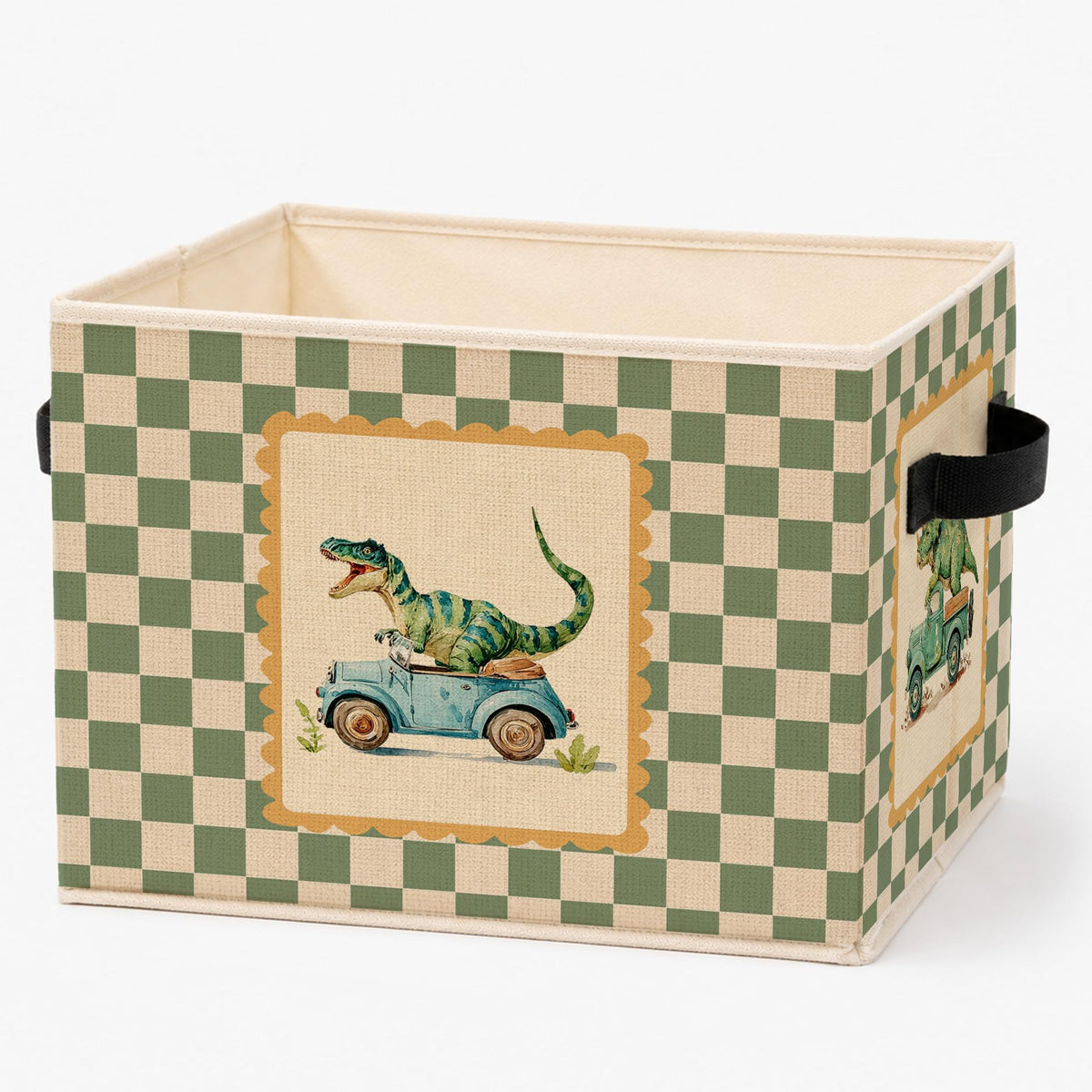 WPQTHIP Green Checkered Dinosaur Truck Storage Bins Box, Funny Cute Dino Car Foldable Storage Basket with Handles for Playroom B