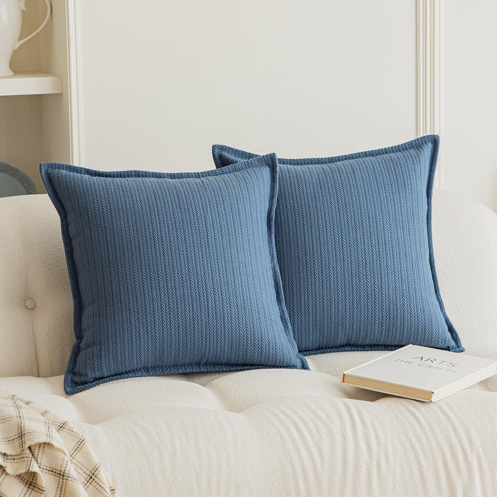 Rythome Set Of 2 Herringbone Patterned Flange Throw Pillow Covers For Couch And Bed - 18'X18', Steel Blue