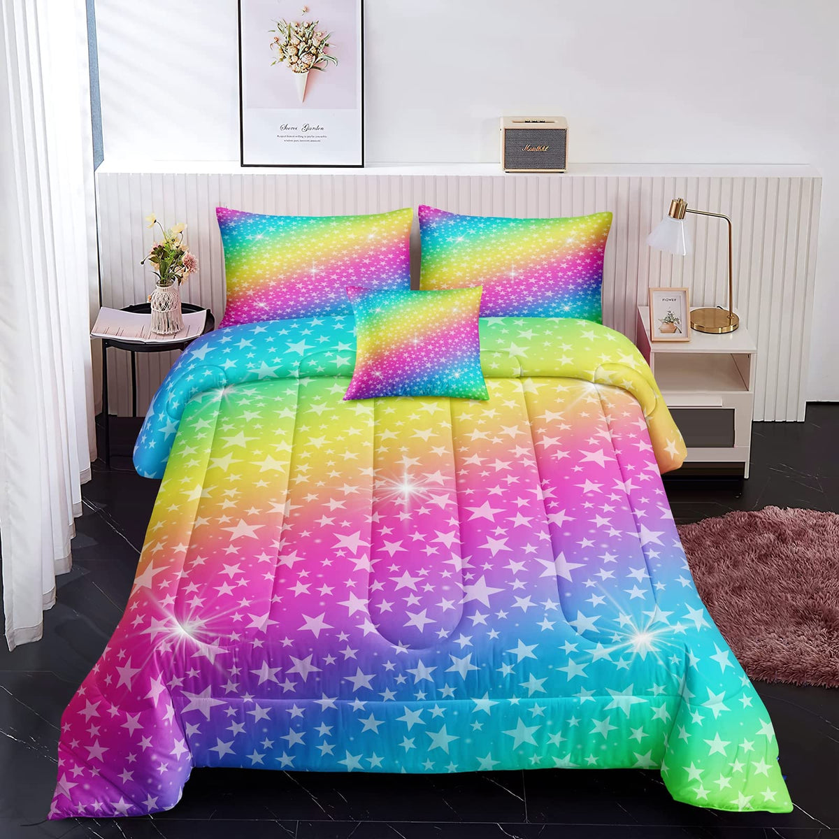 Rowadalo 6 Pieces Rainbow Glitter Comforter Set Full Size Galaxy Starry Sky Bedding Sets 6 Pieces Bed In A Bag For Kids Teen Gir