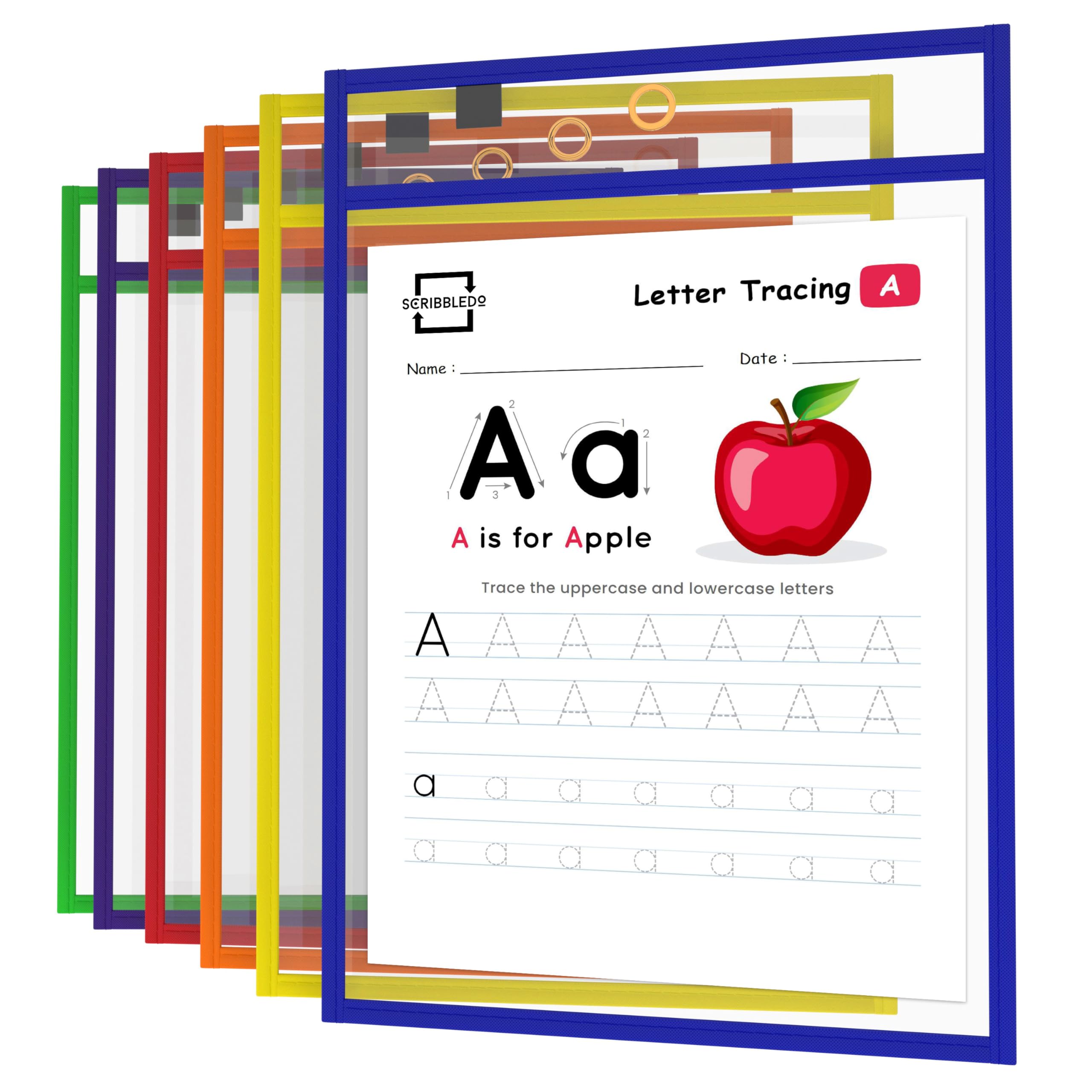 Scribbledo Dry Erase Pockets, 6 Pack Reusable Dry Erase Sleeves With Marker Holder, Colorful Dry Erase Pocket Sleeves For School