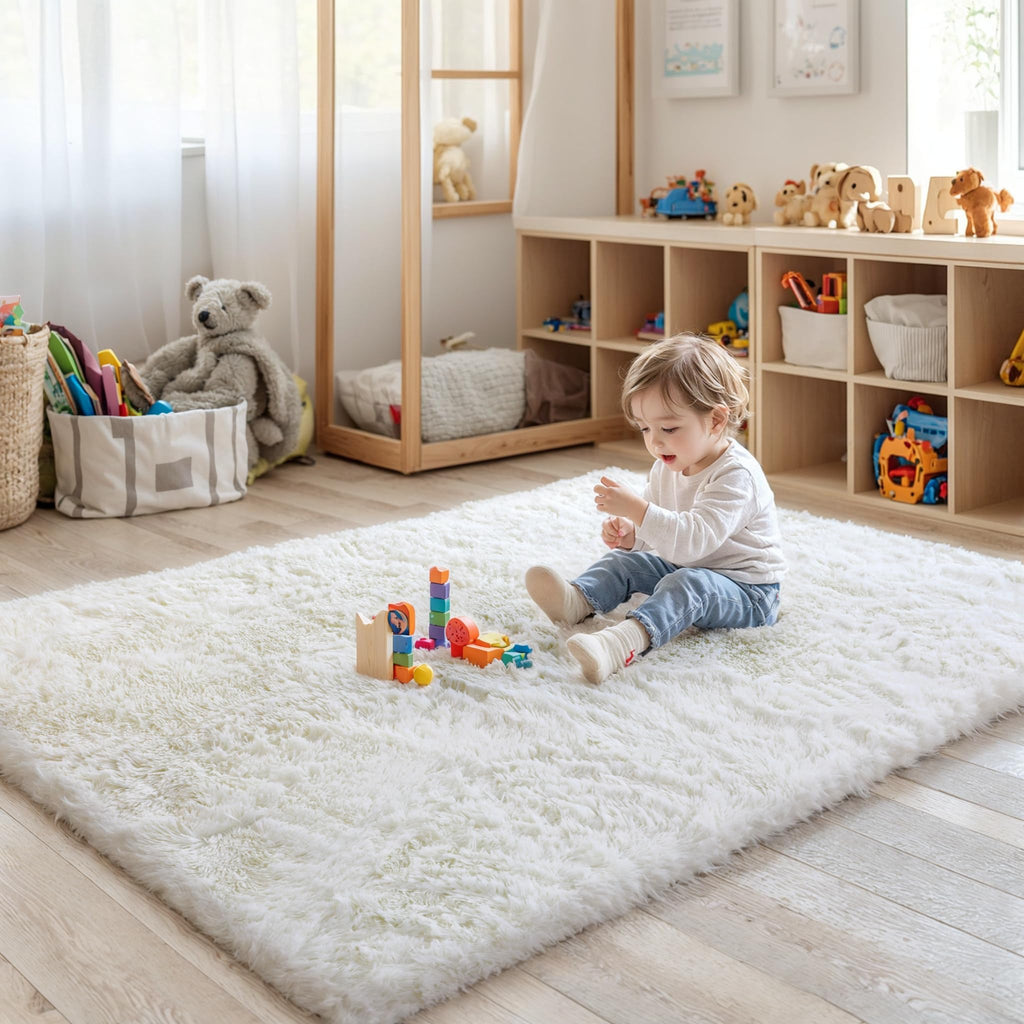 Kchowua 4X6 Cream Thick Fluffy Rug For Bedroom,Machine Washable Soft Shag Shaggy Fuzzy Area Rugs For Living Room,Off White Cute