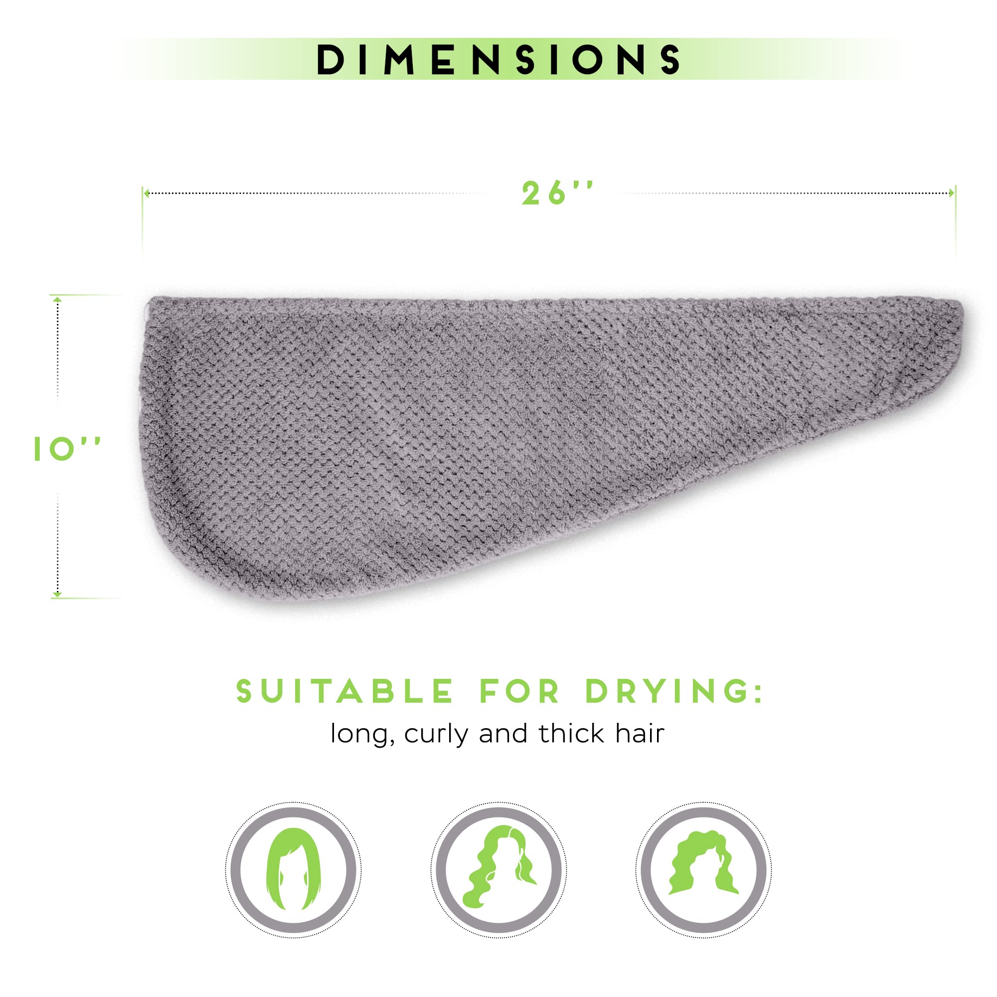 SimpleField Microfiber Hair Towel Wrap, 2 Pack, Quick Drying, Anti-Frizz, Lightweight, Grey