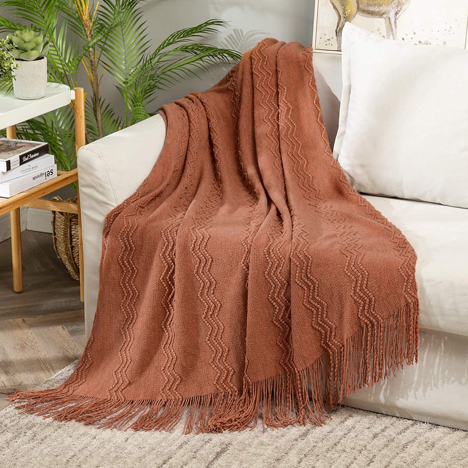Miulee Knitted Boho Throw Blanket For Couch Textured Knit Terracotta Rust Blanket With Tassels Cozy Woven Farmhouse Blanket For Sofa Bed Chair Wave Pattern Fall Decor 50'X60', Orange