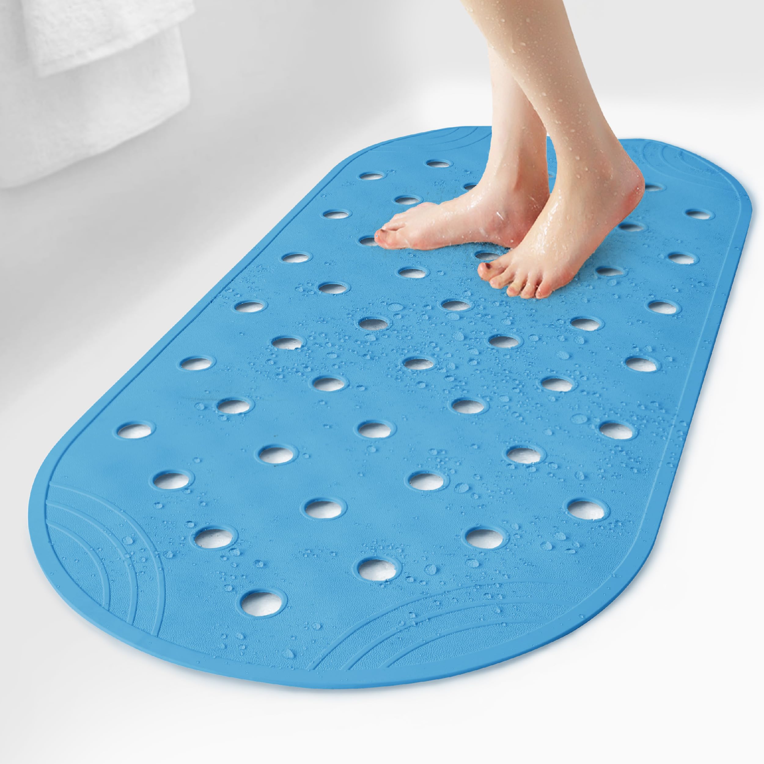 SelfSuite Rubber Bathtub Mat Shower Mat Non-Slip, 31x14 Inch, Bath Tub Floor Mat with Suction Cups and Drainage Holes, Blue