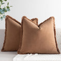 Zwjd Pillow Covers 18X18 Set Of 2 Camel Throw Pillow Covers With Fringe Chic Cotton Decorative Pillows Square Cushion Covers For