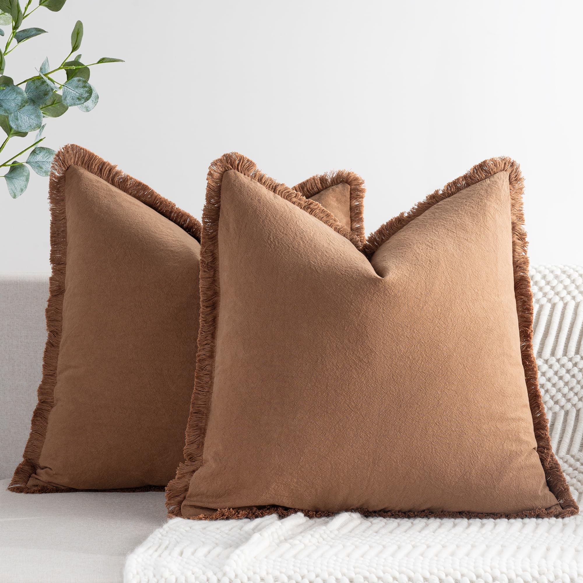 Zwjd Pillow Covers 22X22 Set Of 2 Camel Throw Pillow Covers With Fringe Chic Cotton Decorative Pillows Square Cushion Covers For