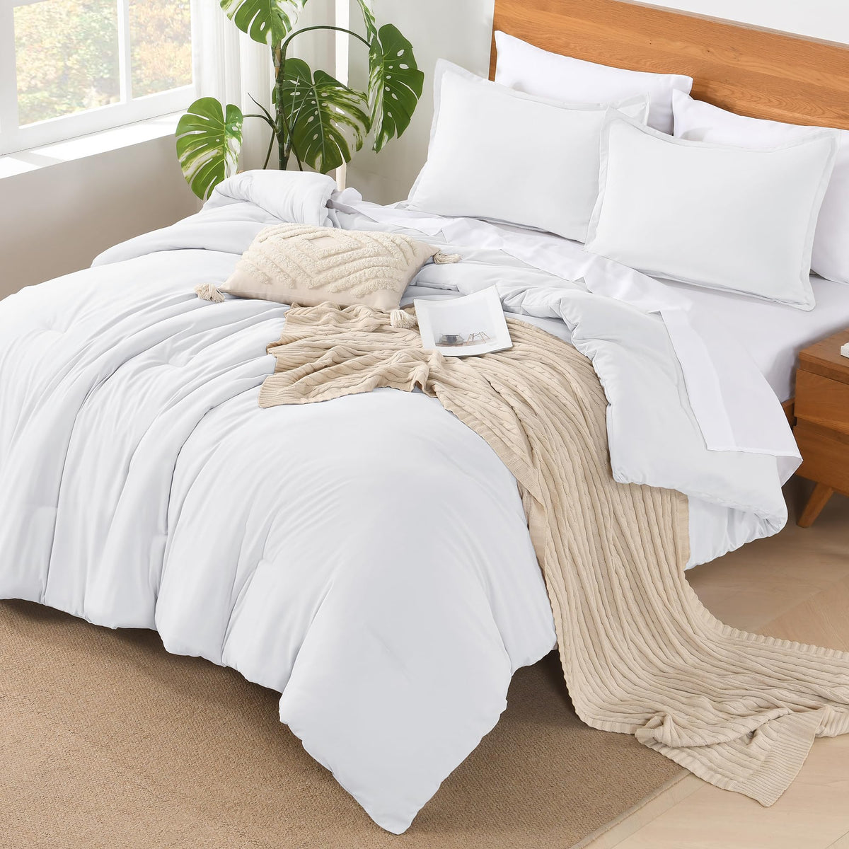 Andency White California King Comforter Set - 7 Pieces Bed In A Bag Cal King Bedding Comforter Sets, Summer Solid Soft Lightweight Comforter With Fitted Sheets, Flat Sheets, Pillowcases & Shams