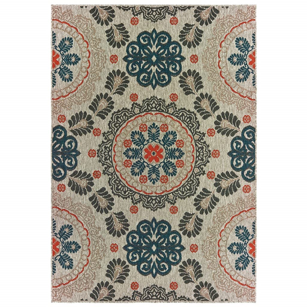 HomeRoots 7' x 9' Blue and Gray Damask Indoor Outdoor Area Rug