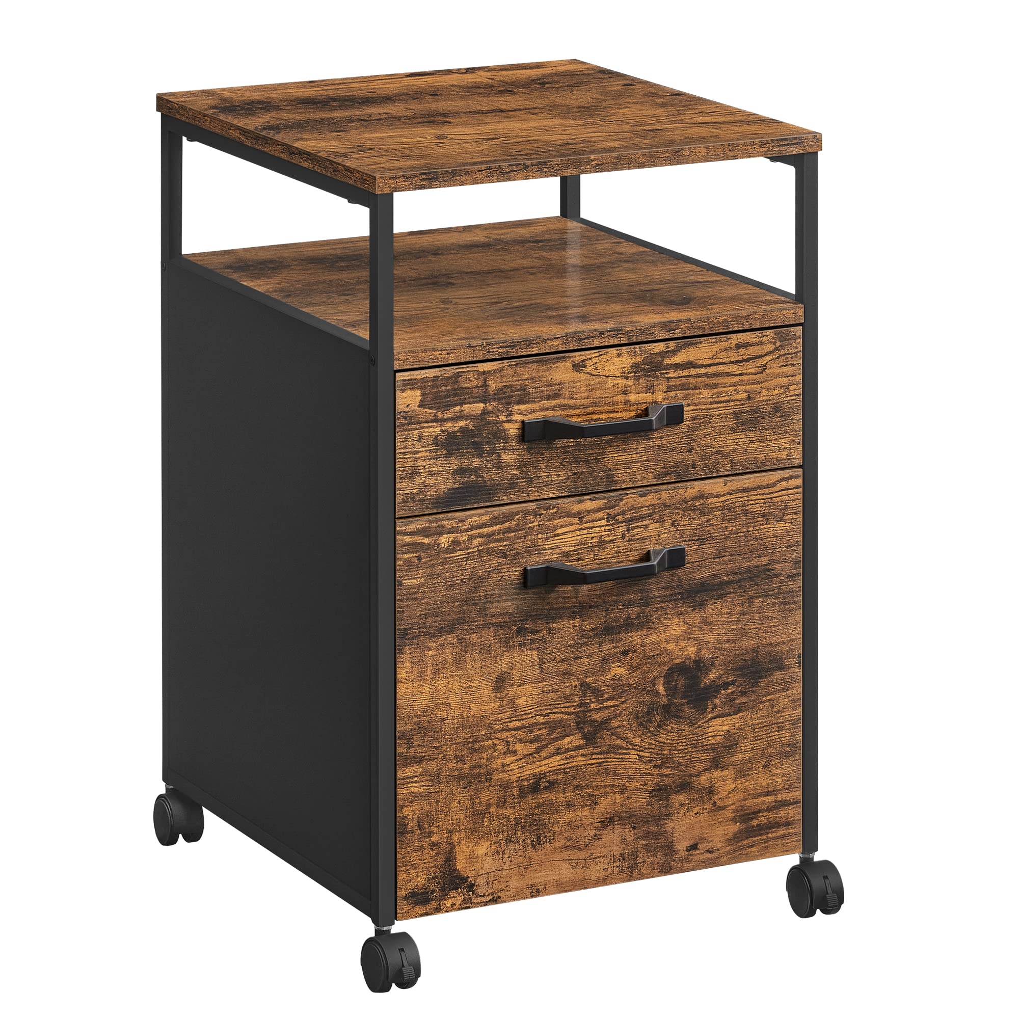 VASAGLE File Cabinet, Mobile Filing Cabinet with Wheels, 2 Drawers, Open Shelf, for A4, Letter Size, Hanging File Folders, Rusti