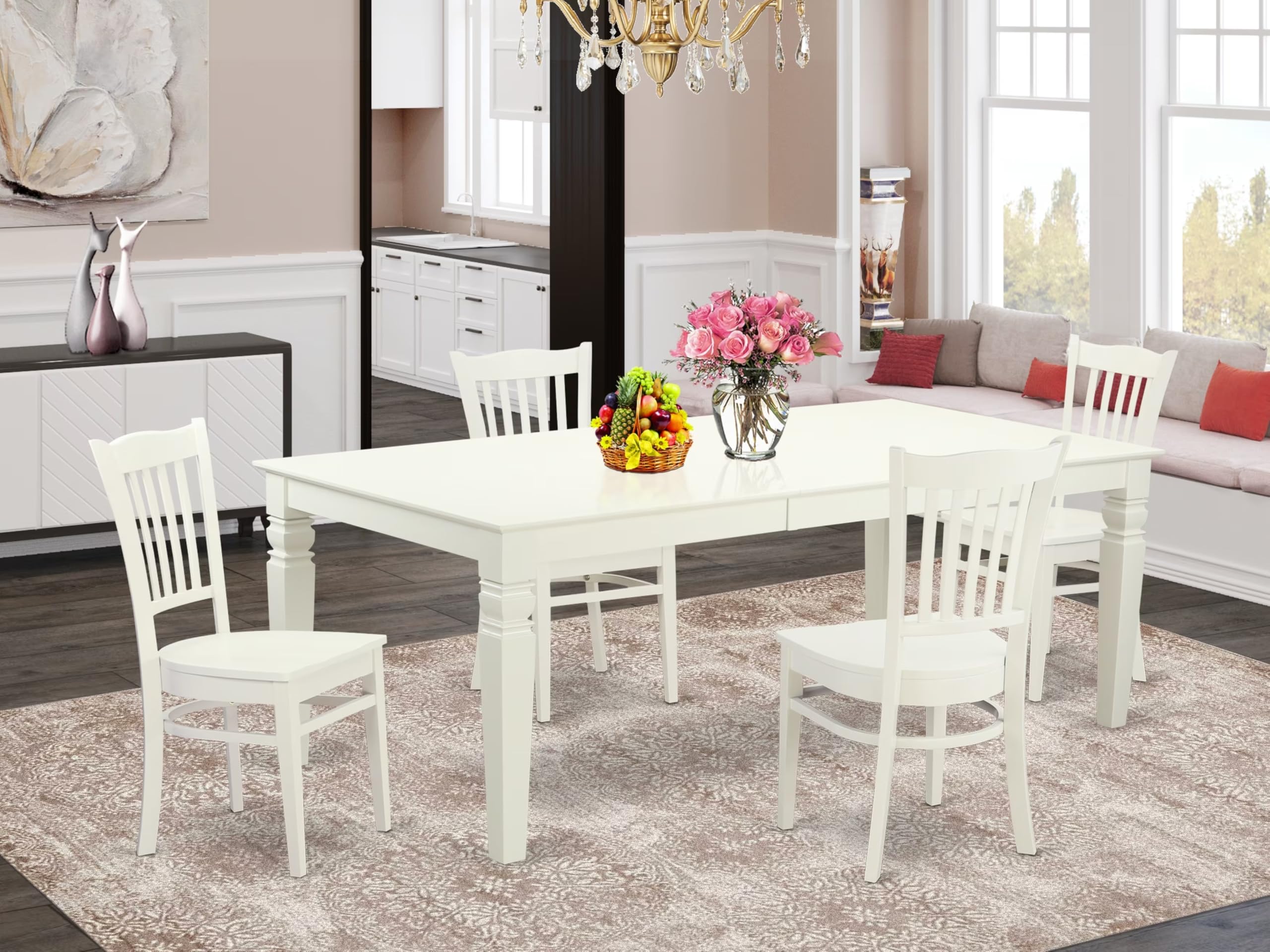 East West Furniture LGGR5-LWH-W 5 Piece Dining Room Table Set Includes a Rectangle Wooden Table with Butterfly Leaf and 4 Kitchen Dining Chairs, 42x84 Inch, Linen White