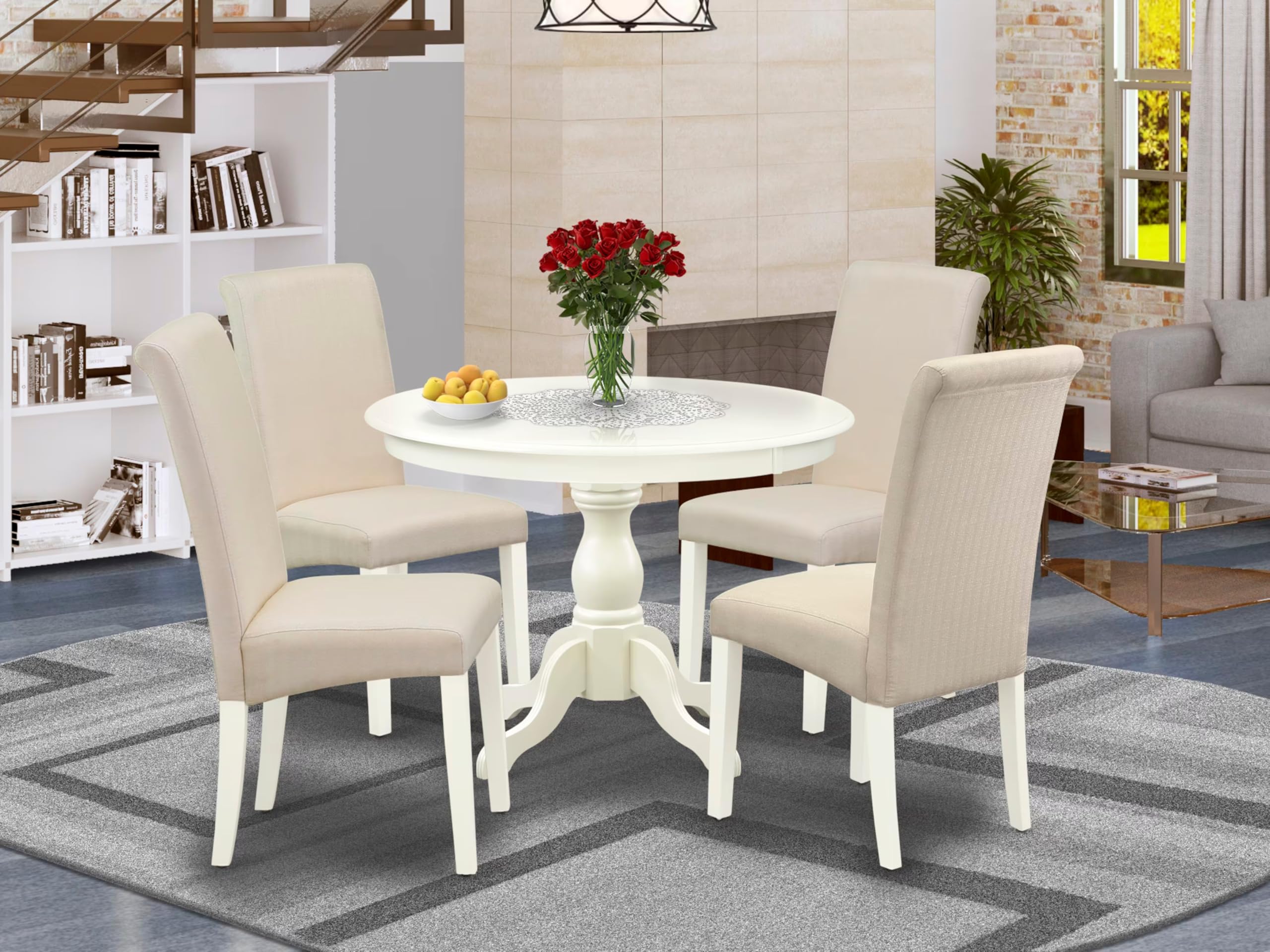 East West Furniture HBBA5-LWH-01 5 Piece Kitchen Table Set for 4 Includes a Round Dining Table with Pedestal and 4 Cream Linen Fabric Parson Dining Room Chairs, 42x42 Inch, Linen White
