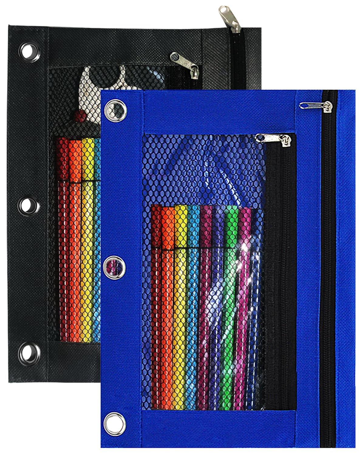 Sordim 3 Ring Binder Pencil Pouch, 2 Pack Pencil Pouches With Zipper-Pencil Case With Double Pocket And Mesh Window (Black&Blue)