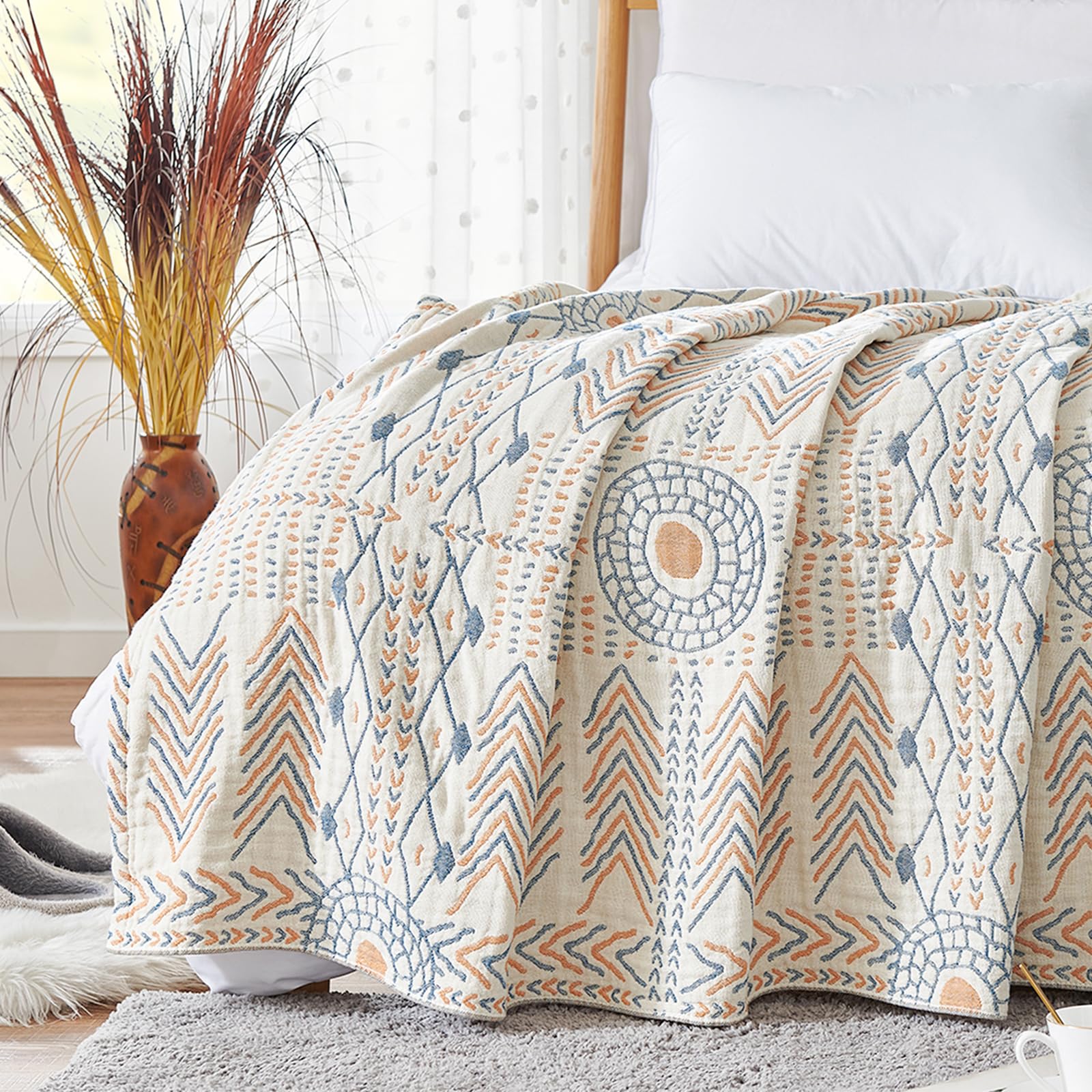 Jinchan Boho 100% Cotton Blanket Muslin Lightweight Queen Size 4-Layer Throw Blanket Reversible For Couch Soft Cozy All Season T