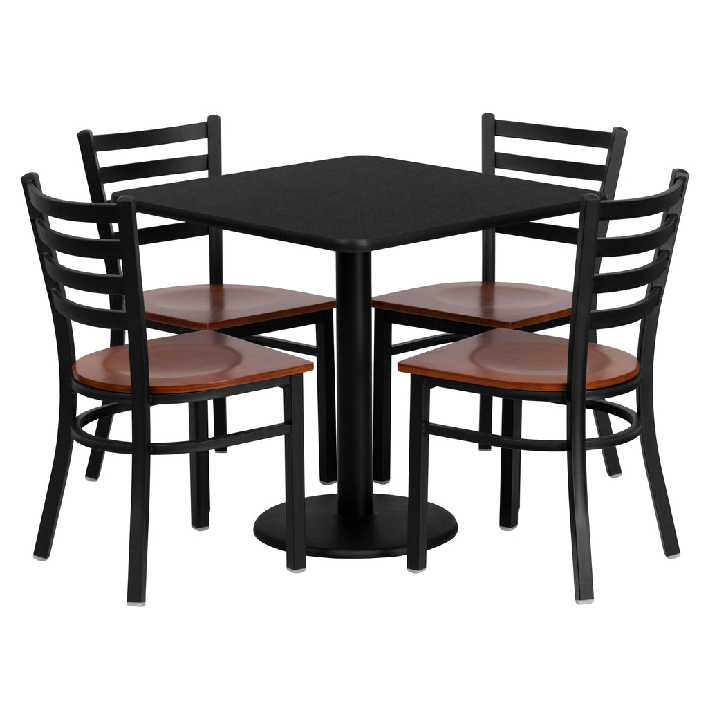 Flash Furniture Clark 30'' Square Black Laminate Table Set with 4 Ladder Back Metal Chairs - Cherry Wood Seat
