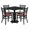 Flash Furniture Clark 30'' Square Black Laminate Table Set with 4 Ladder Back Metal Chairs - Cherry Wood Seat