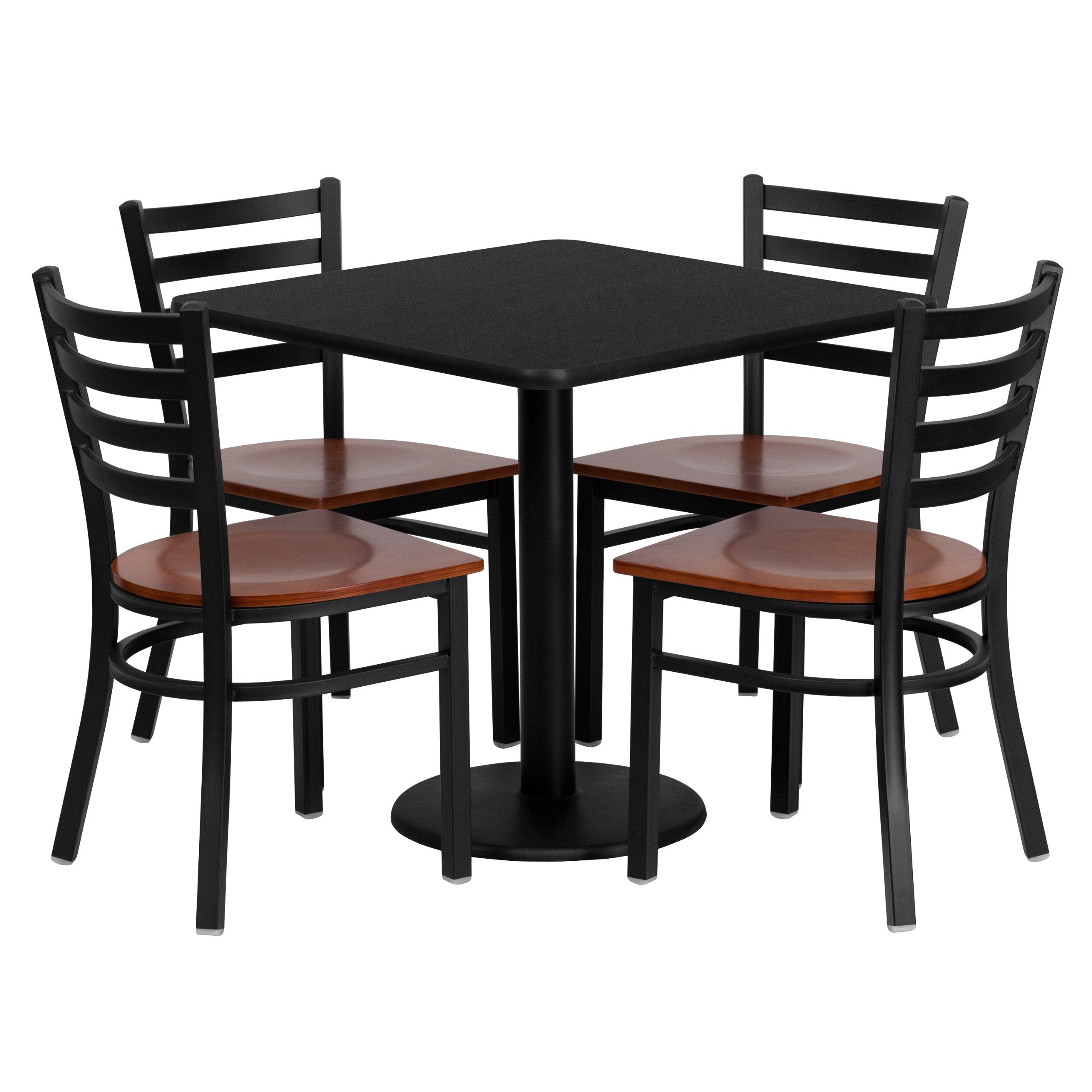 Flash Furniture Clark 30'' Square Black Laminate Table Set with 4 Ladder Back Metal Chairs - Cherry Wood Seat
