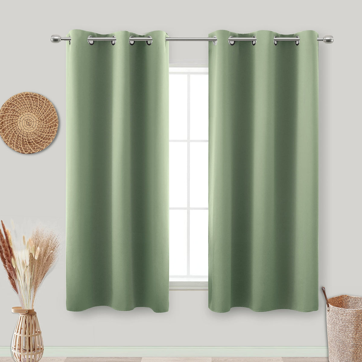 Koufall Short Curtains For Kitchen Window Over Sink,Blackout Thermal Cafe Curtain Sage Green 45 Inch Length 2 Panels Set