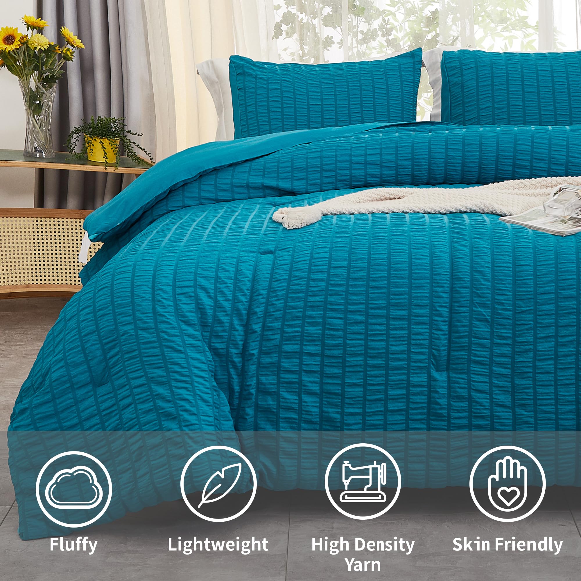 Avelom Teal Seersucker Full Comforter Set (80X90 Inches), 3 Pieces-100% Soft Washed Microfiber Lightweight Comforter With 2 Pillowcases, All Season Down Alternative Comforter Set For Bedding
