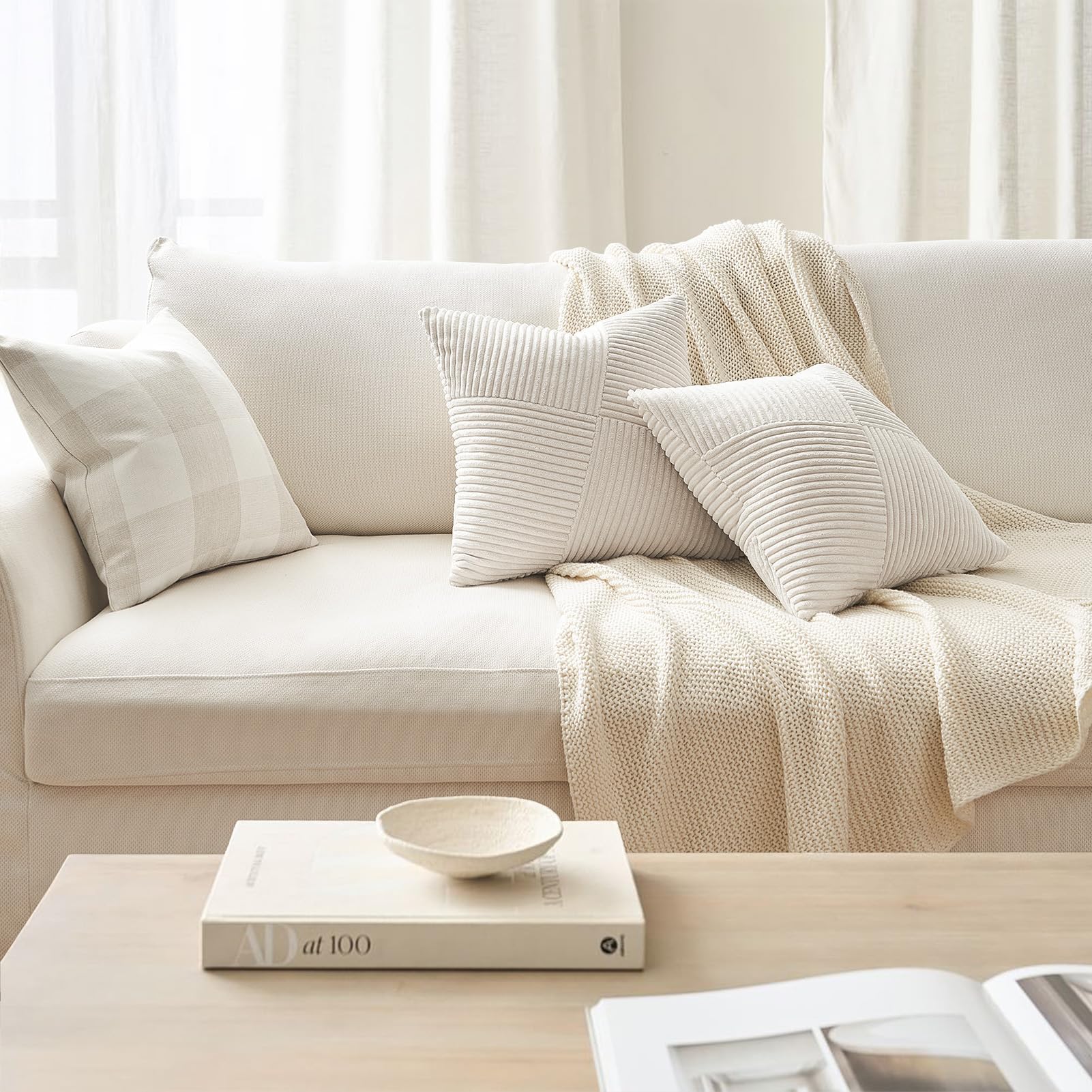 Topfinel Cream White Decorative Neutral Throw Pillow Covers 18X18 Inch For Couch Sofa Bed, Soft Corduroy Striped Patchwork Windm