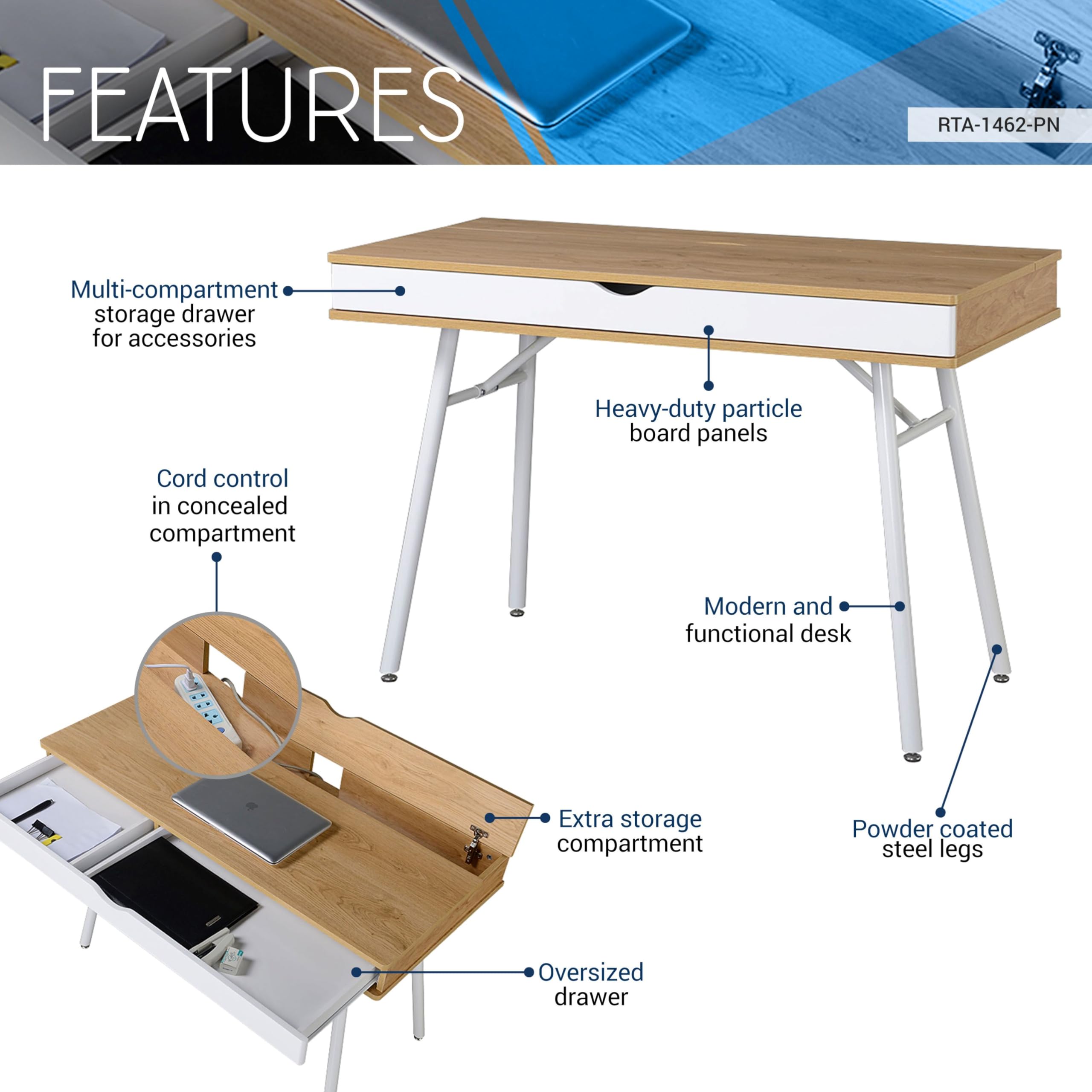 Techni Mobili Modern Multi Computer Desk With Storage, 30&quot; X 21.7&quot; X 45.3&quot;, Pine