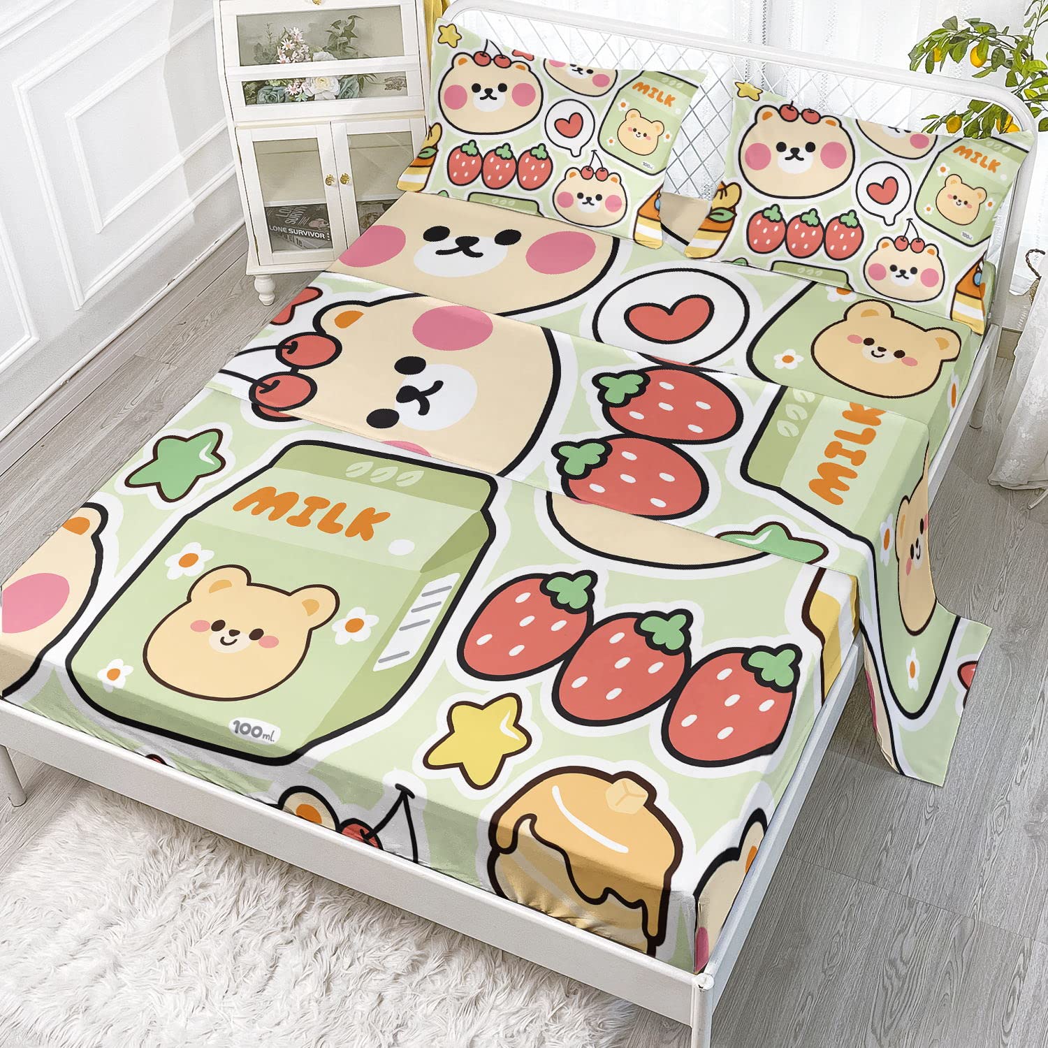 Datura Home Kawaii Sheet Set 4Pcs Fitted And Flat Girls Kawaii Strawberry Bear Printed With 1 + 2 Pillowcases(Kawaii Bear Strawb