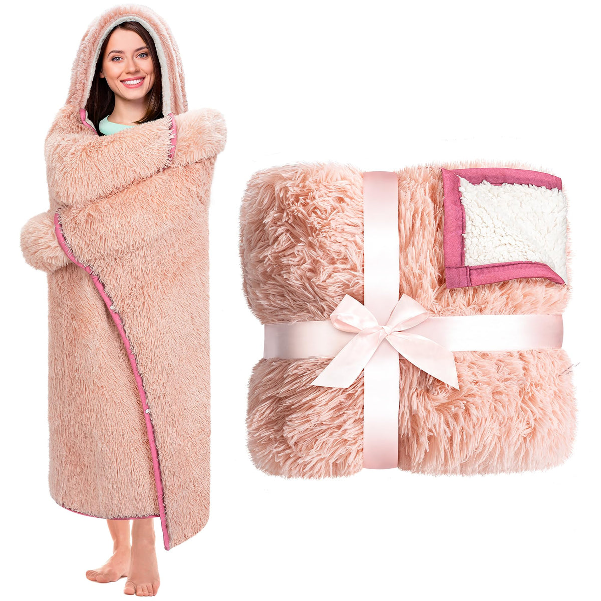 Rose Pink Wearable Throw Blanket Hoodie For Women- Thick Cozy 52'X60' Sherpa Fleece Shaggy Light Pink Decor For Couch, Bed & S