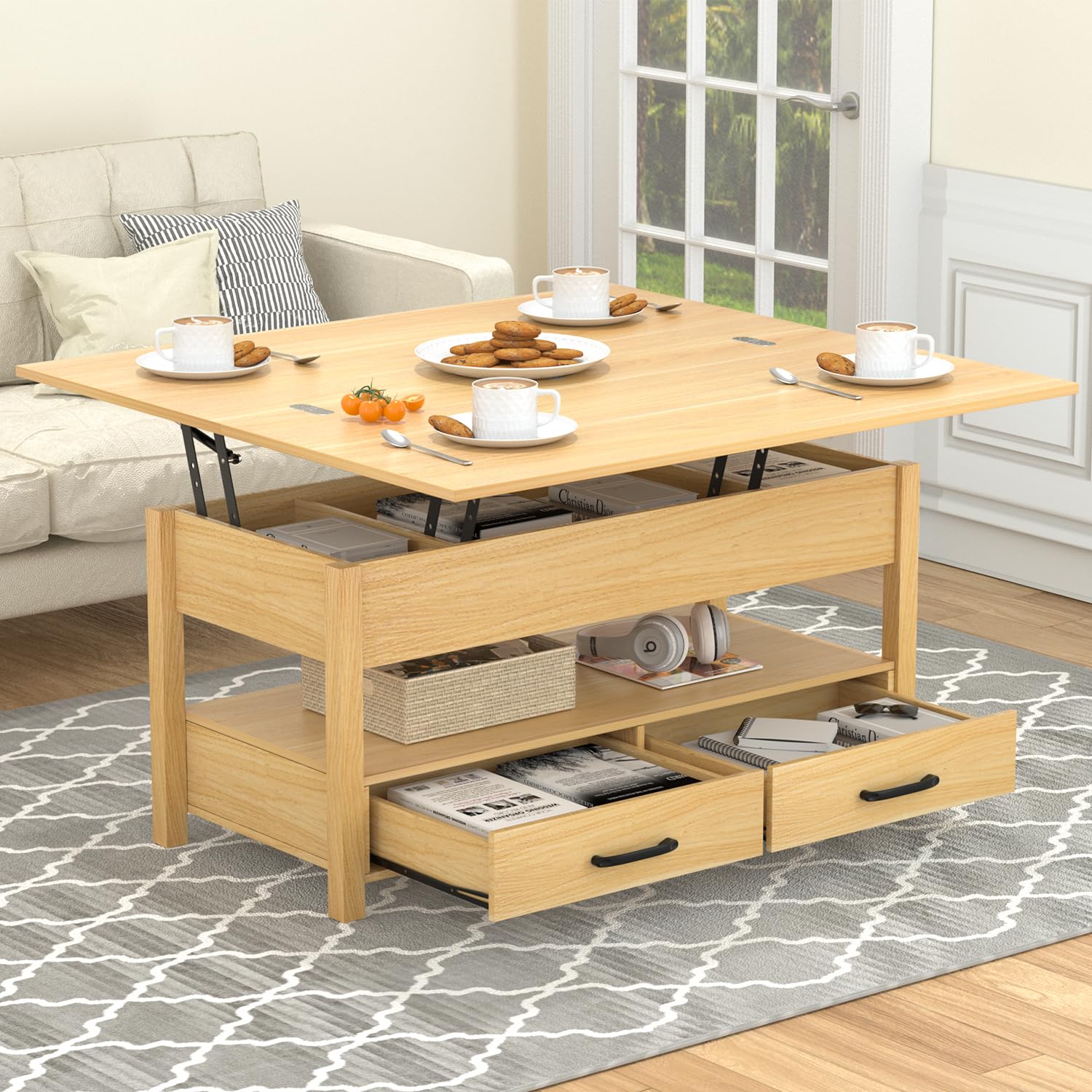 SYESWAY 40   Lift Top Coffee Table, 4-in-1 Multifunctional Lift Coffee Table with Storage & Hidden Compartments, Farmhouse Cof