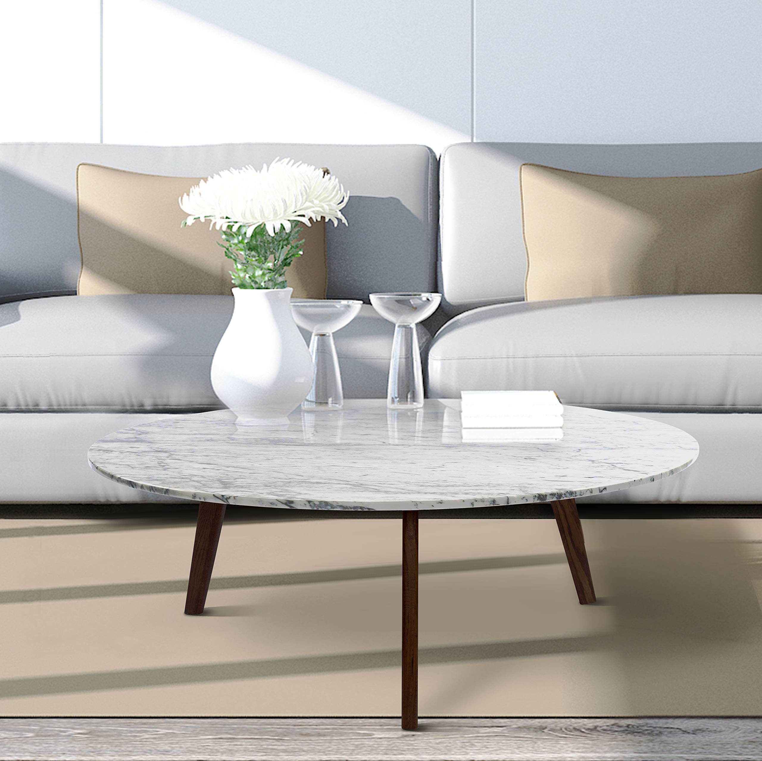 The Bianco Collection Stella 31&quot; Round Italian Carrara White Marble Coffee Table with Walnut Legs