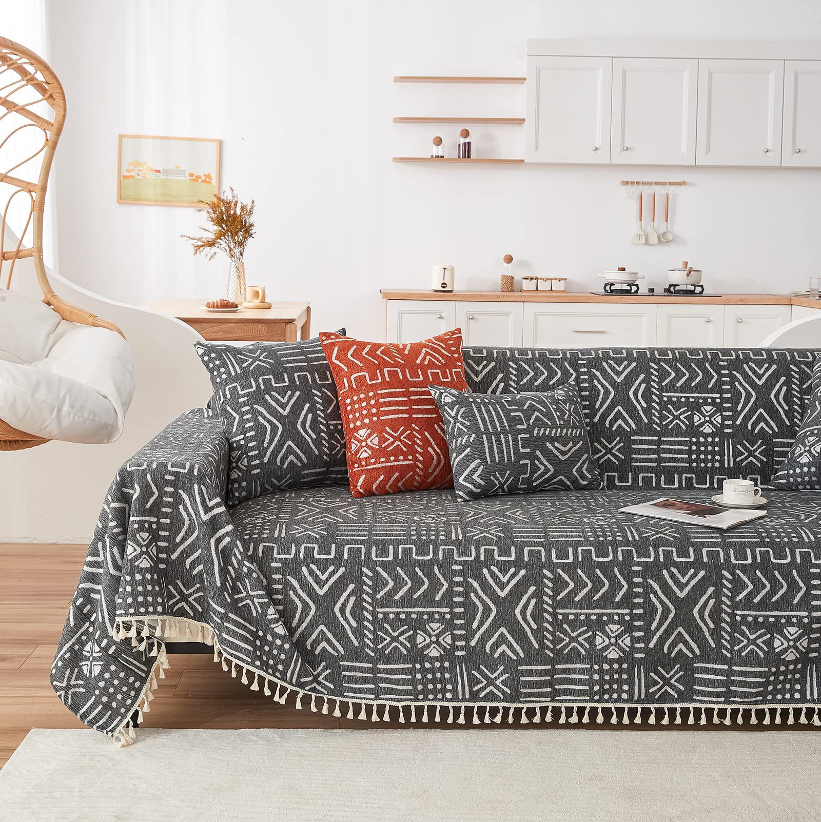 Handontime Black White Boho Sofa Cover Boho Geometric Couch Covers Tassel Farmhouse Dog Sofa Covers For Slipcover Aesthetic Couch Cushion Cover Couch Protector For Dogs Living Room Décor, 71' X150'