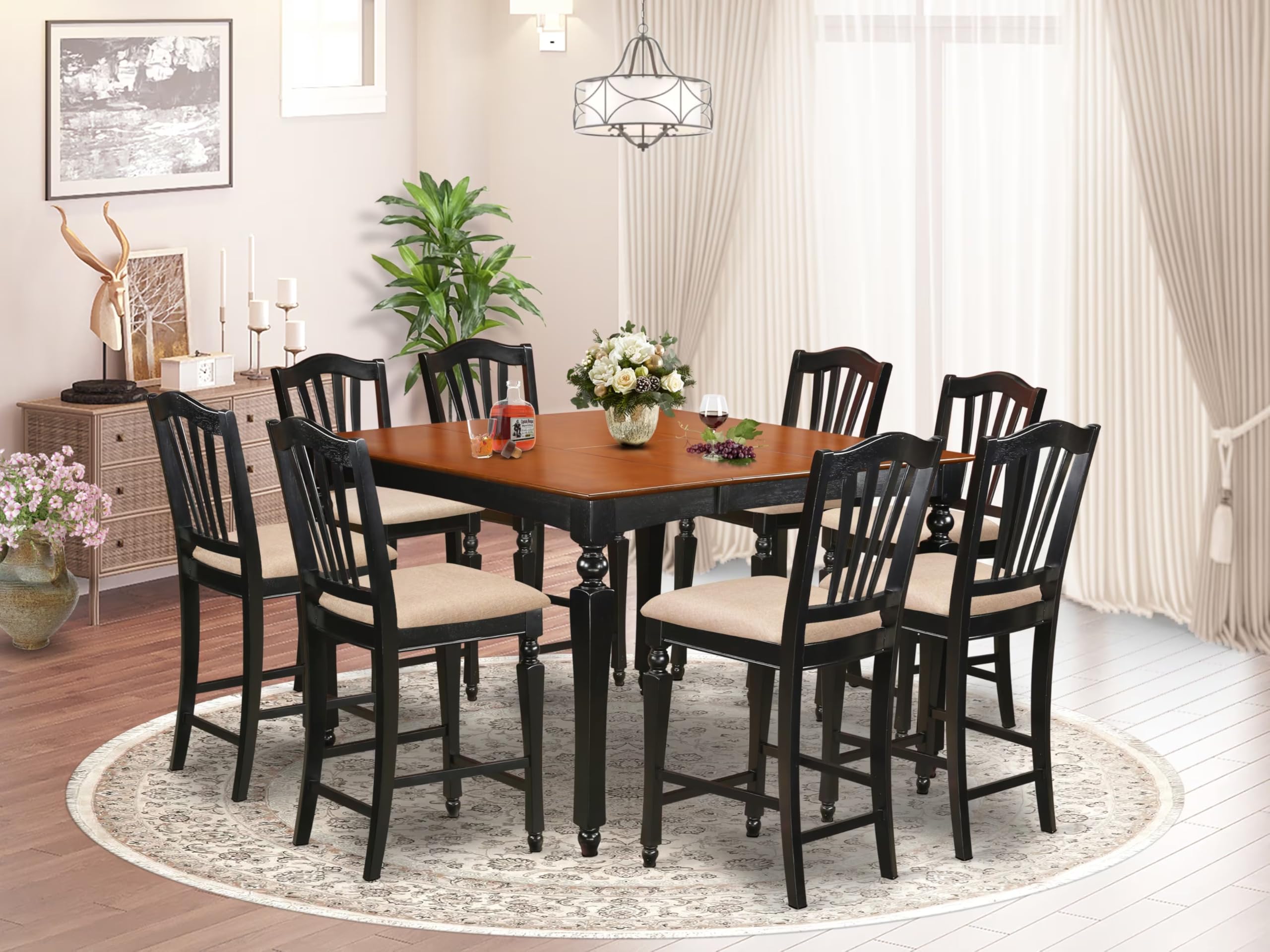 East West Furniture CHEL9-BLK-C Chelsea 9 Piece Kitchen Counter Set Includes a Square Table with Butterfly Leaf and 8 Linen Fabric Dining Room Chairs, 54x54 Inch
