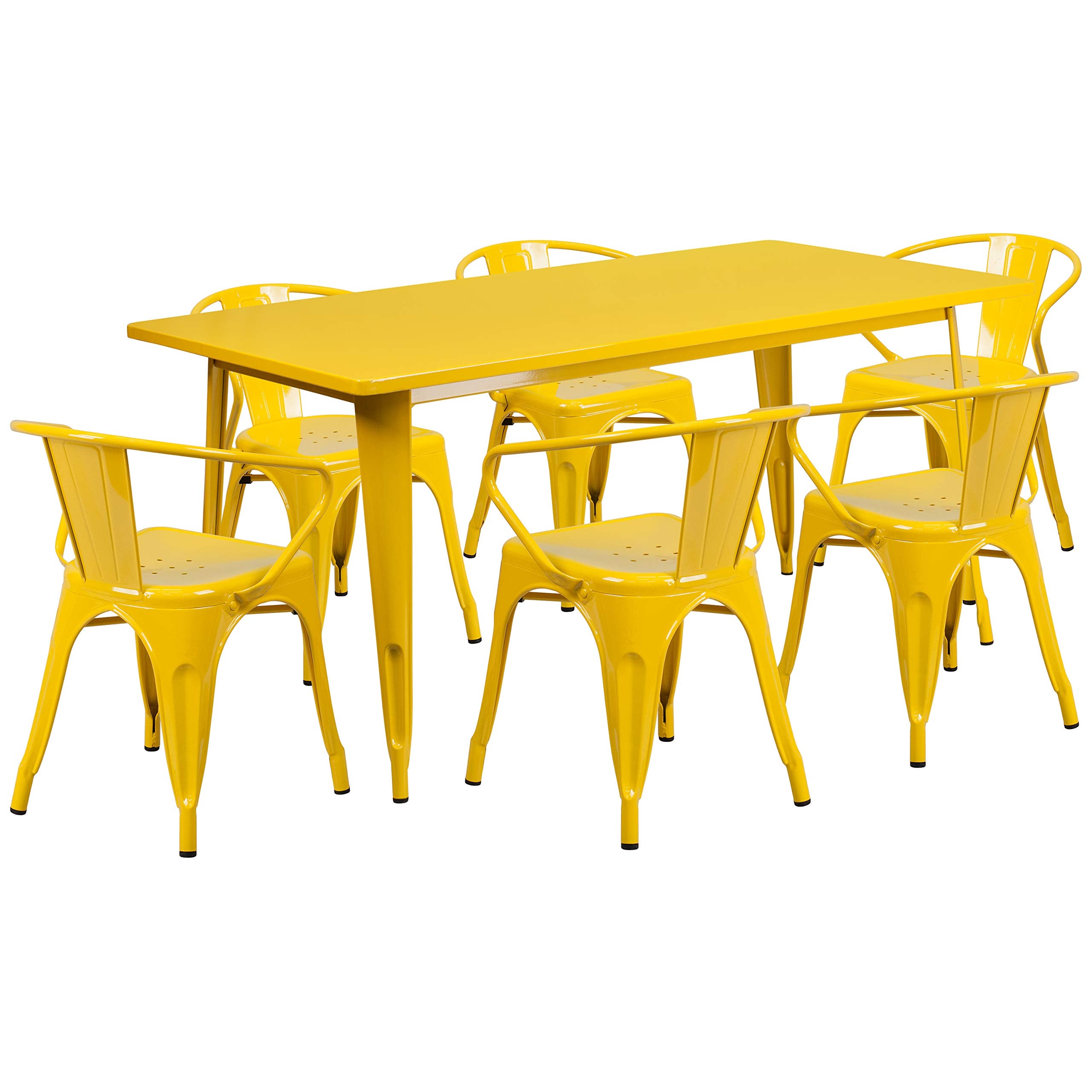 Flash Furniture Commercial Grade 31.5&quot; x 63&quot; Rectangular Yellow Metal Indoor-Outdoor Table Set with 6 Arm Chairs