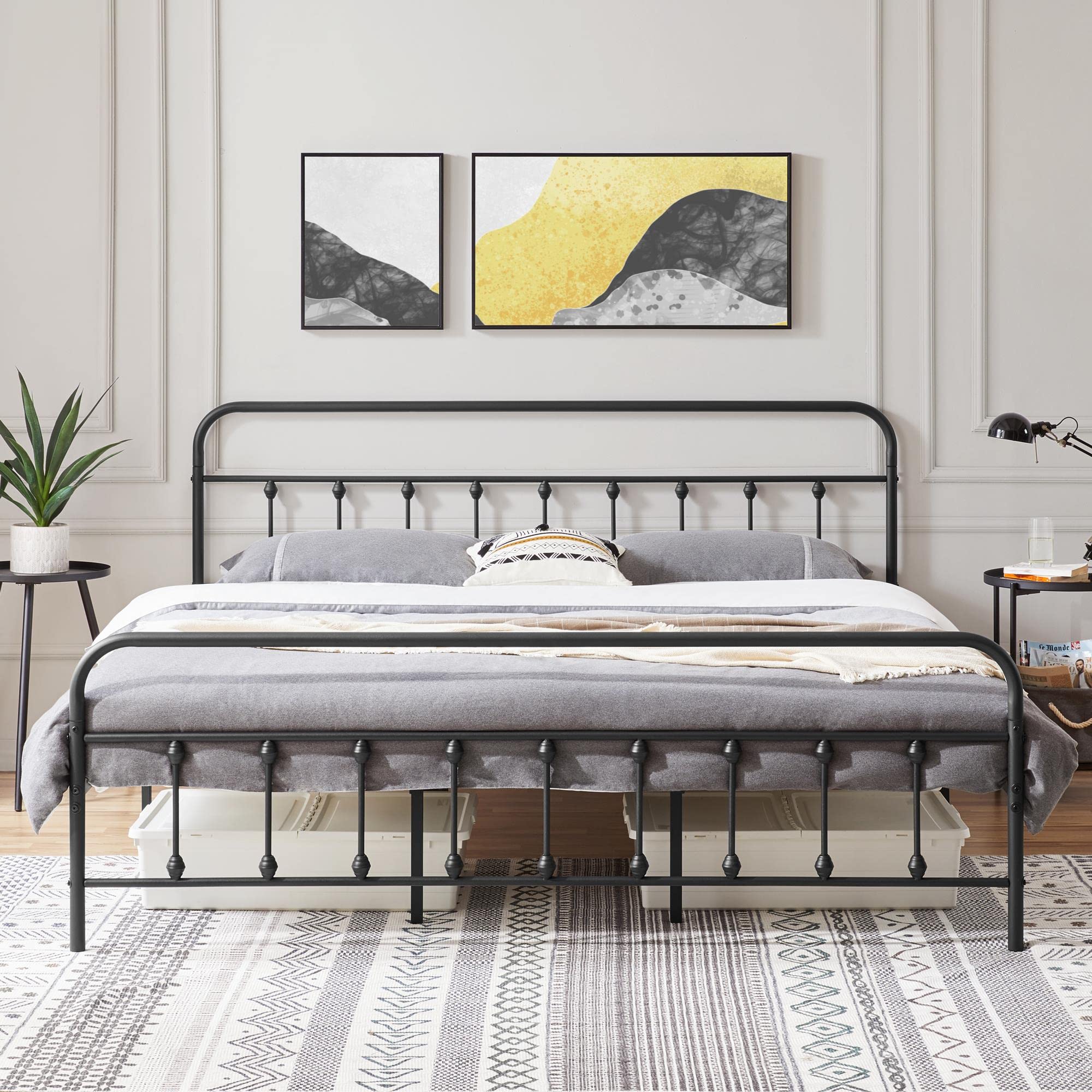 Yaheetech Classic Metal Platform Bed Frame Mattress Foundation With Victorian Style Iron-Art Headboard/Footboard/Under Bed Storage/No Box Spring Needed/California King Size Black