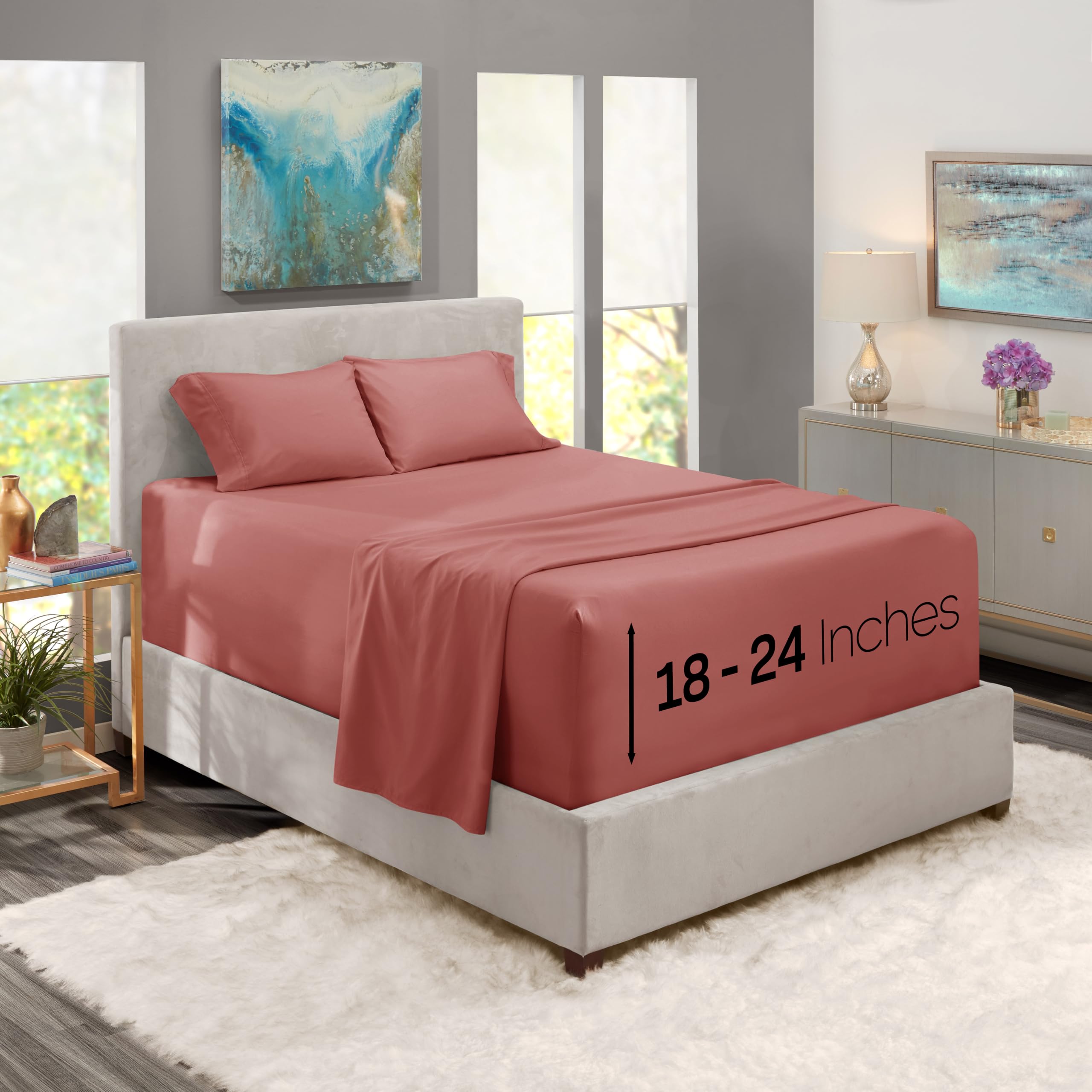 Nestl Extra Deep Pocket Sheets - Fits Mattress 18-24 Inches Deep, Extra Deep Pocket Twin Xl Sheets Sets, 3 Piece Twin Xl Size Sheets, Twin Xl Sheets Deep Pocket, Pink Clay Sheets