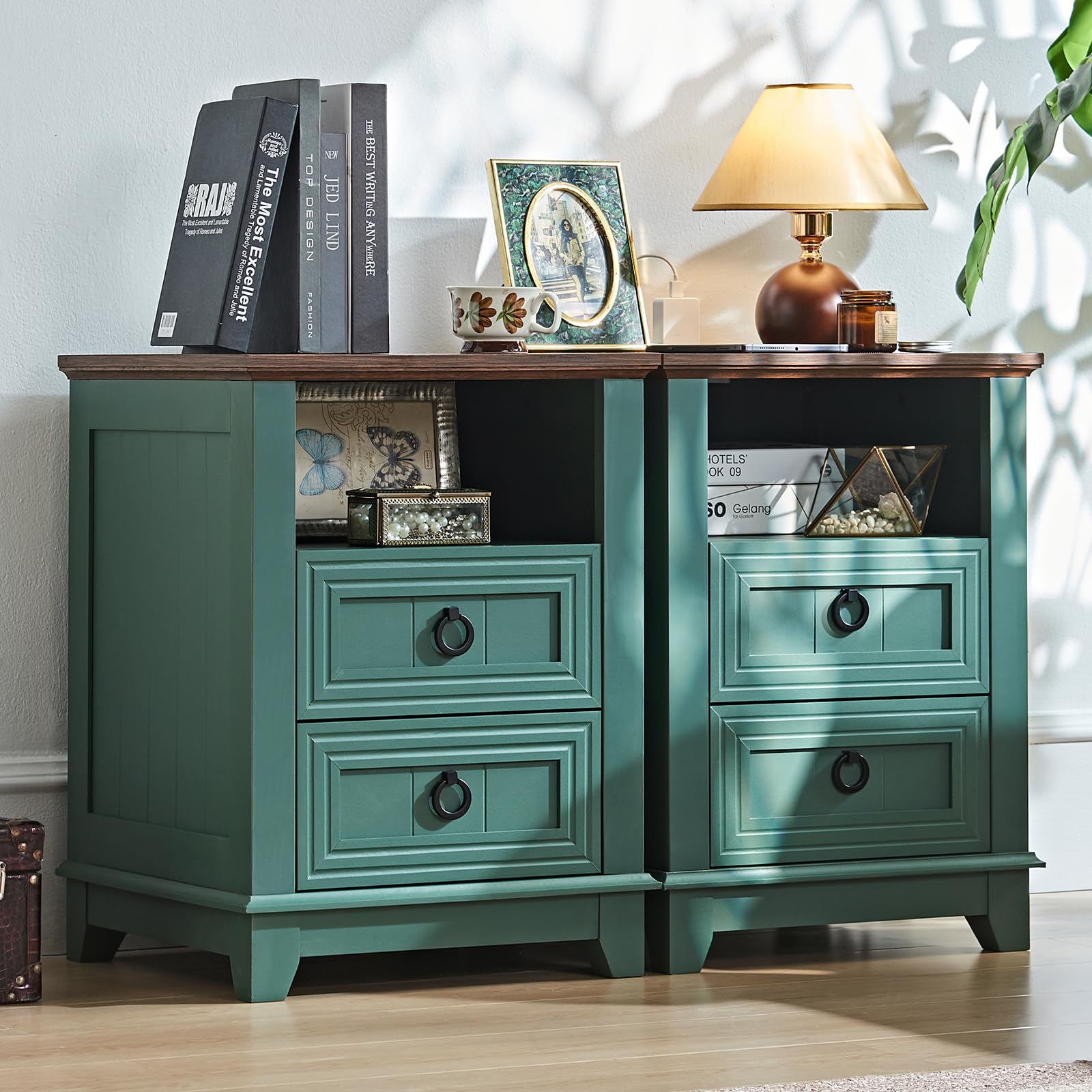 Joaxswe 18 Farmhouse Night Stands Set of 2 with Charging Station, 2 Drawers Bedside End Table, Green Wooden Nightstand, Bed Side