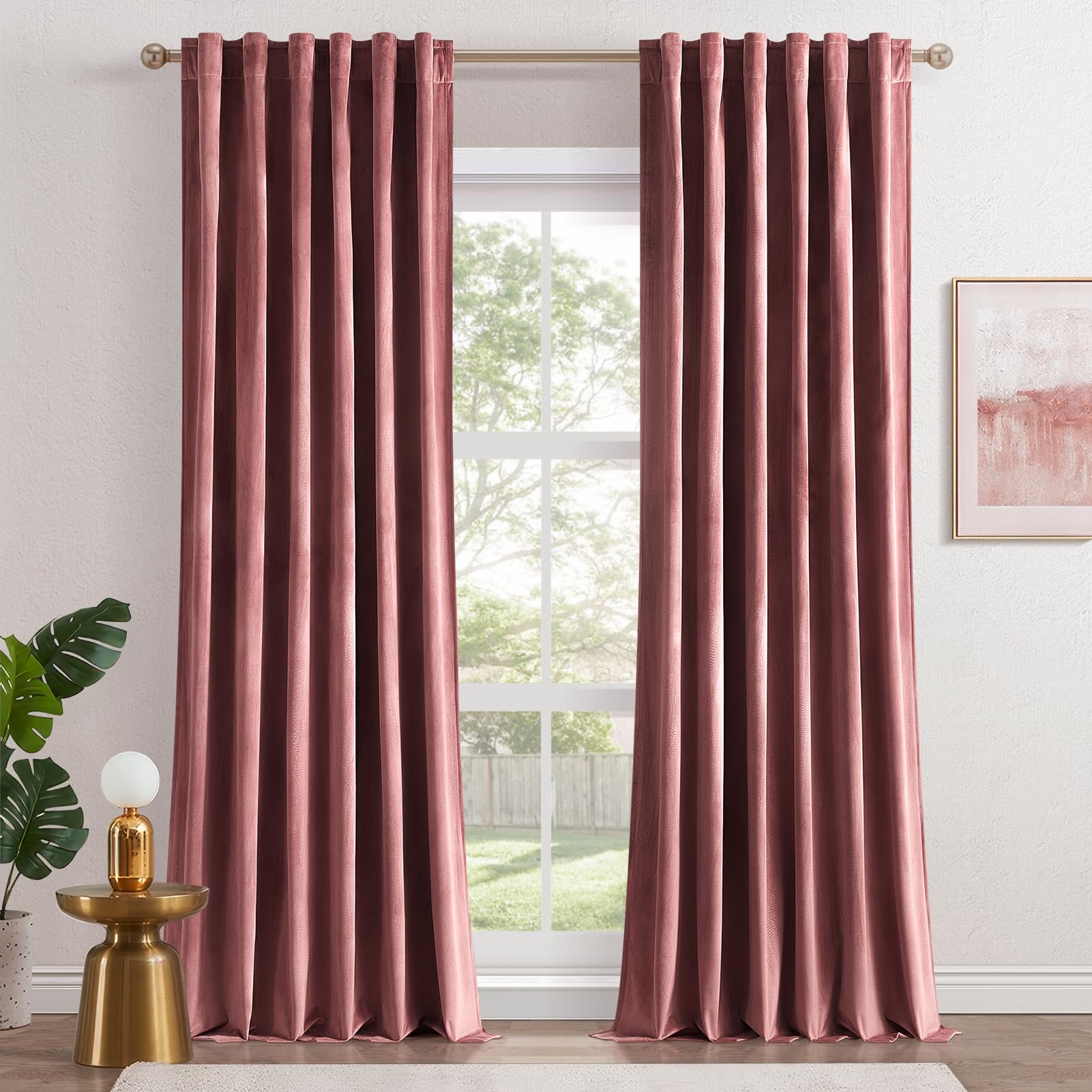Topfinel Dusty Rose Velvet Curtains 108 Inches Long,Rod Pocket Back Tab Thermal Insulated Bohemian Drapes For Living Room/Big Wi