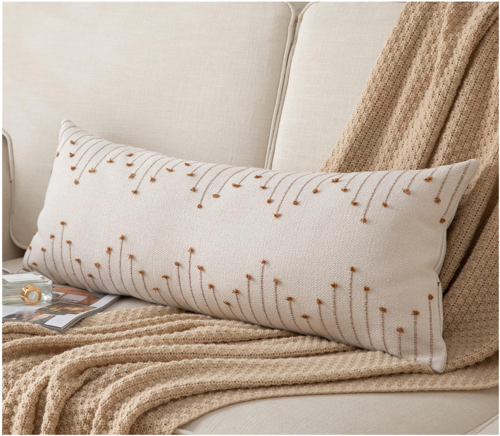 Boho Lumbar Pillow Cover 14X36 Long Pack Of 1 Decorative Pillows Bed, Beige With Brown Body Throw Pillow Covers, For Modern Farm