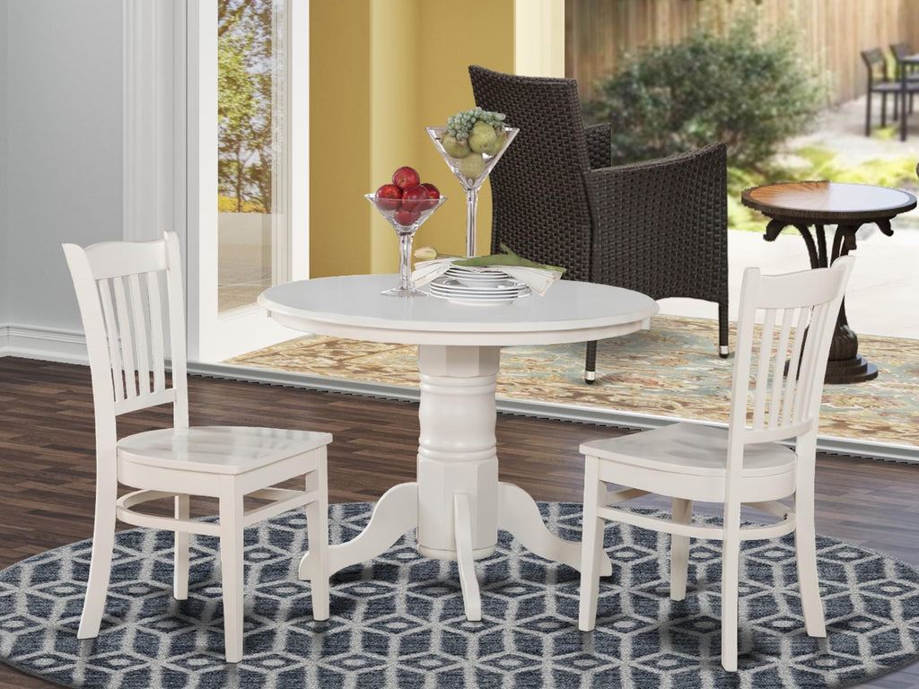 East West Furniture SHGR3-WHI-W 3 Piece Dining Room Table Set Contains a Round Kitchen Table with Pedestal and 2 Dining Chairs, 42x42 Inch, Linen White