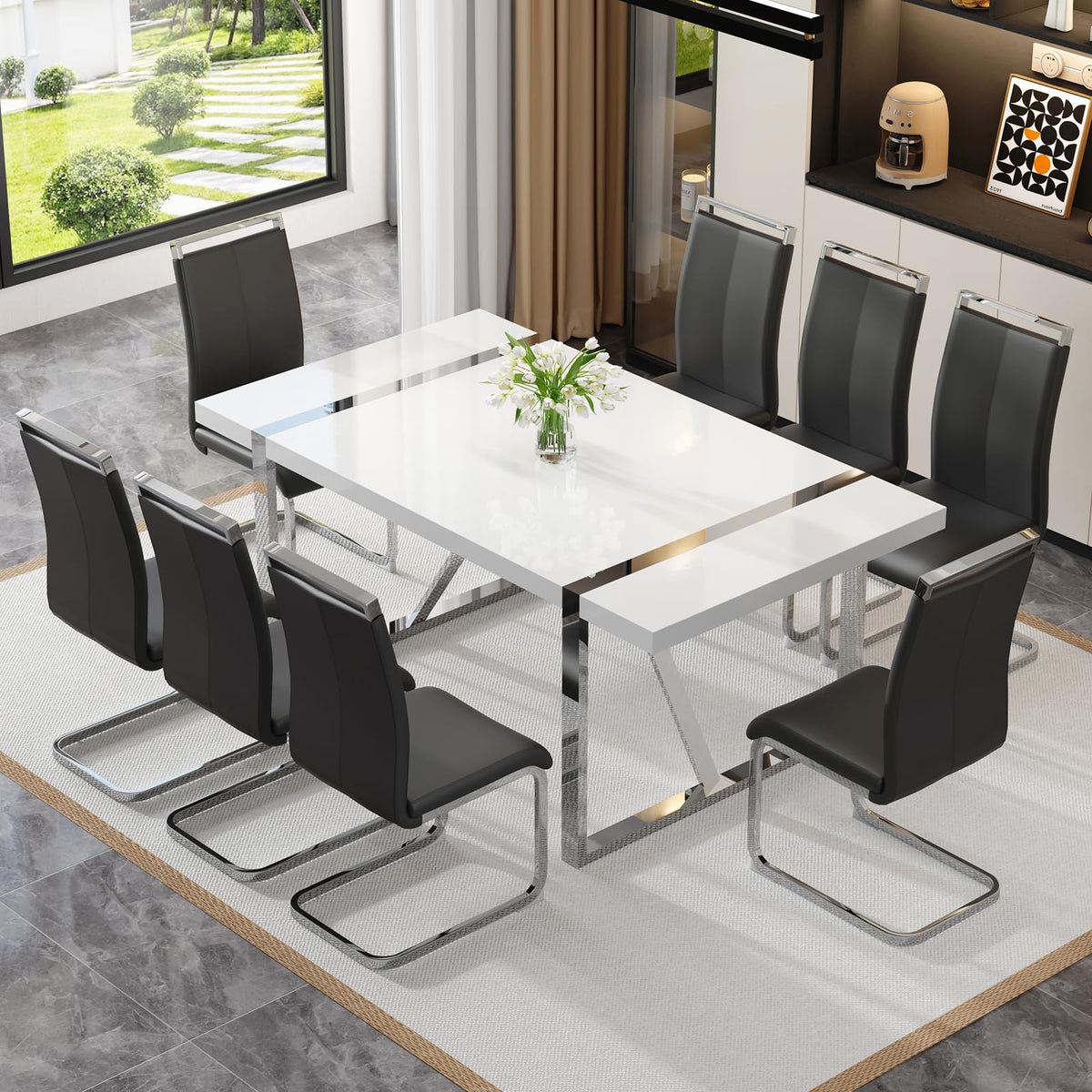 White Rectangular Mdf Dining Table Set For 8 With Leather Chairs - Modern Metal Frame Dinner Table Set For Kitchen